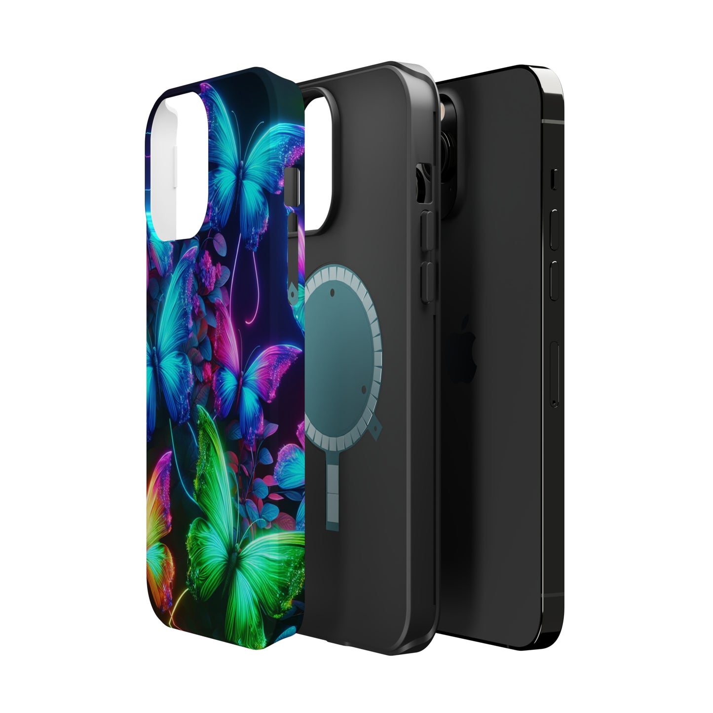 Neon Flutter Symphony Neon Butterflies Premium Art Magsafe Magnet Tough IPhone 13 14 15 Pro Plus Max and Mini in Matte and Glossy Phone cases