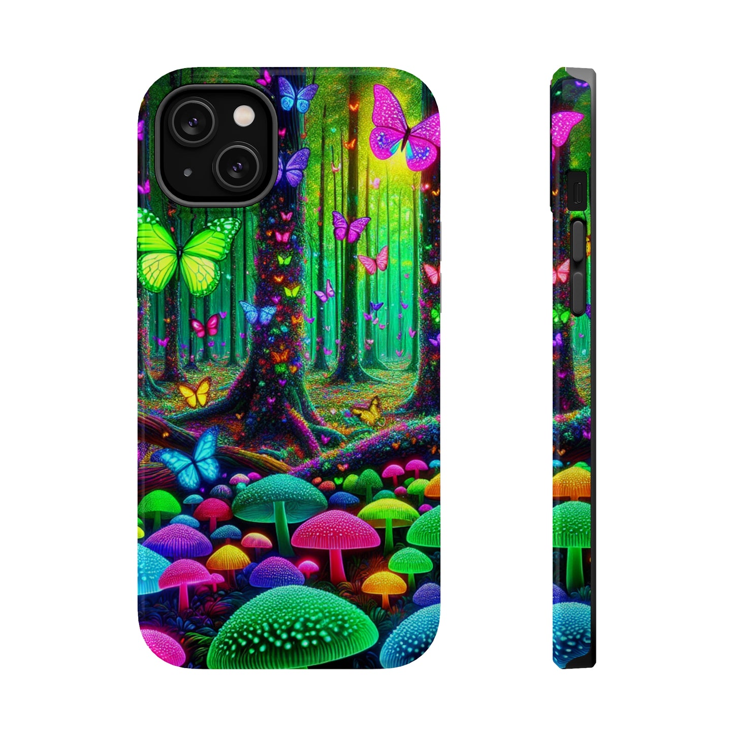 "Neon Garden Symphony". Neon Butterflies and Mushrooms Premium Art Magsafe Magnet Tough IPhone 13 14 15 Pro Plus Max and Mini in Matte and Glossy Phone cases