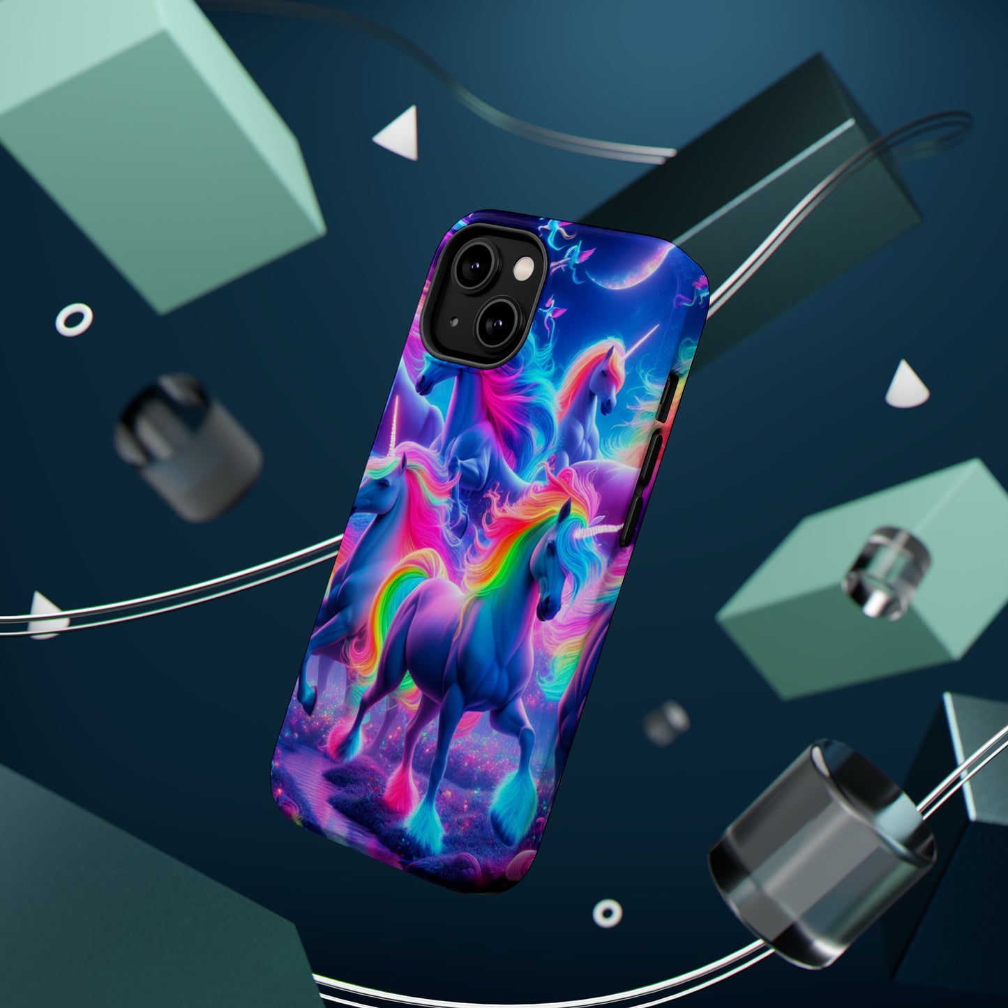 "Unicorn Prism" Neon Unicorns Premium Art Magsafe Magnet Tough IPhone 13 14 15 Pro Plus Max and Mini in Matte and Glossy Phone cases