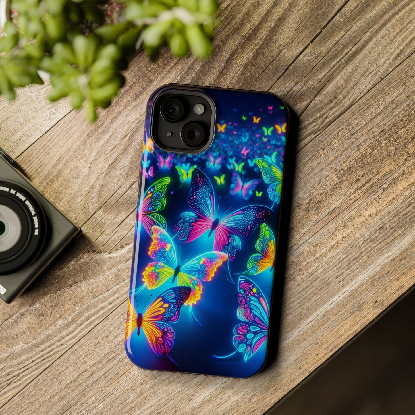 "Atmospheric Fluorescence" Neon Butterflies Premium Art Magsafe Magnet Tough IPhone 13 14 15 Pro Plus Max and Mini in Matte and Glossy Phone cases