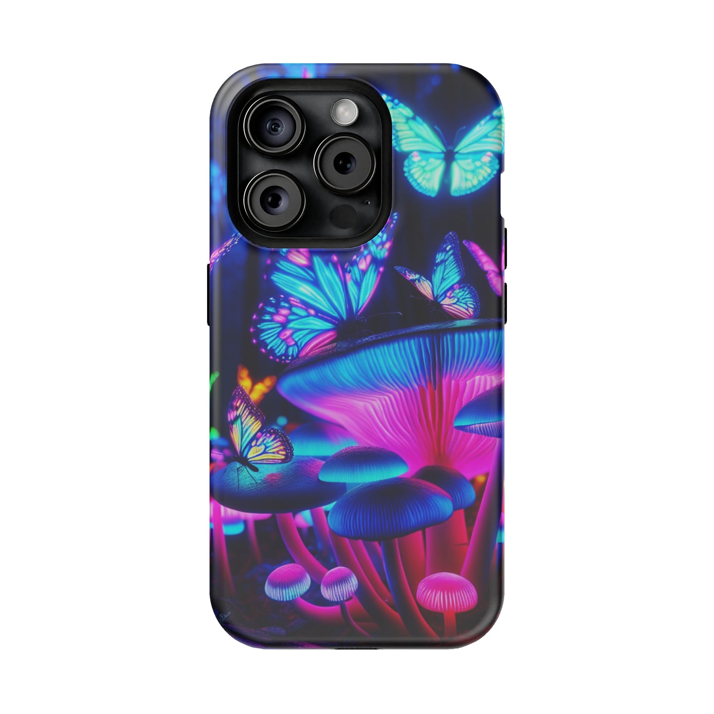 Neon Fantasy Garden Neon Butterflies and Mushrooms Premium Art Magsafe Magnet Tough IPhone 13 14 15 Pro Plus Max and Mini in Matte and Glossy Phone cases