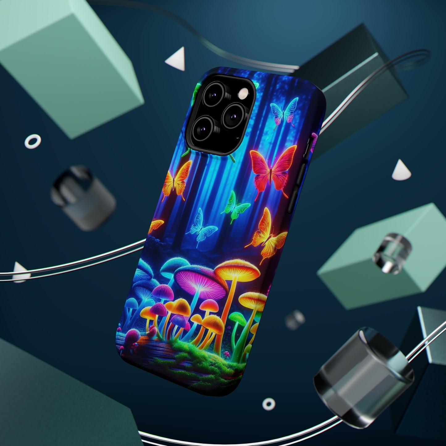 "Neon Garden Delight" Neon Butterflies and Mushrooms Premium Art Magsafe Magnet Tough IPhone 13 14 15 Pro Plus Max and Mini in Matte and Glossy Phone cases