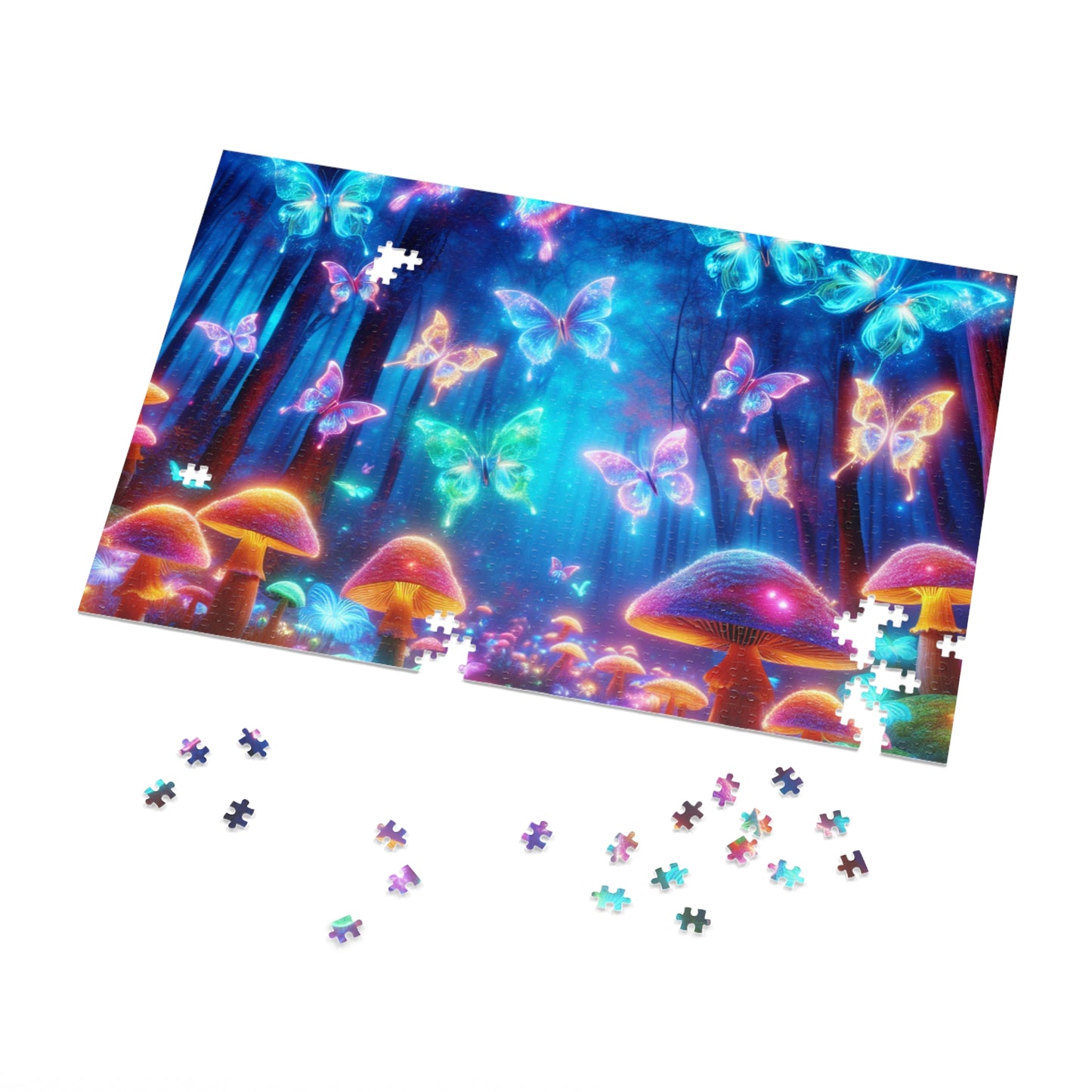 'Vibrant Neon Dreamscape' - Neon Butterflies and Mushrooms Puzzle 30, 110, 252, and 1000 Pieces