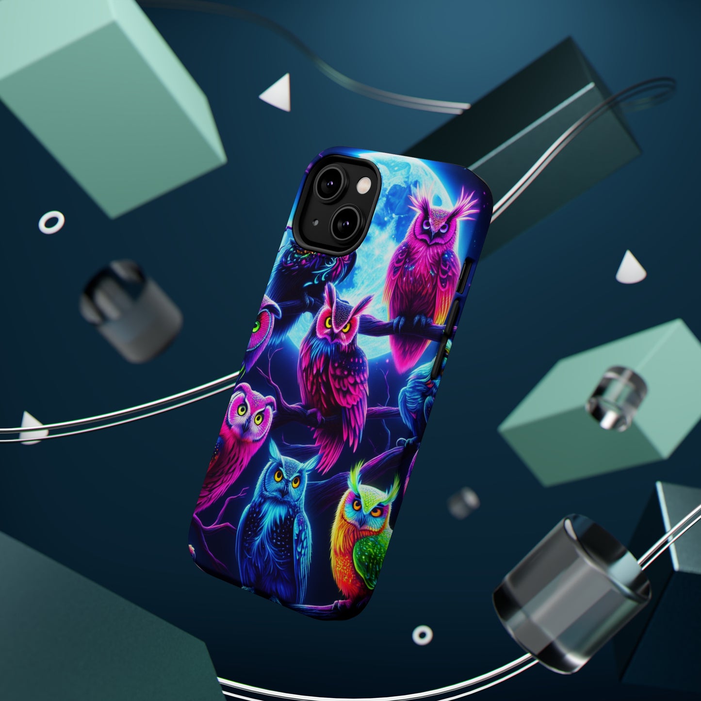 "Neon Splash of Owls" Neon Owls Premium Art Magsafe Magnet Tough IPhone 13 14 15 Pro Plus Max and Mini in Matte and Glossy Phone cases