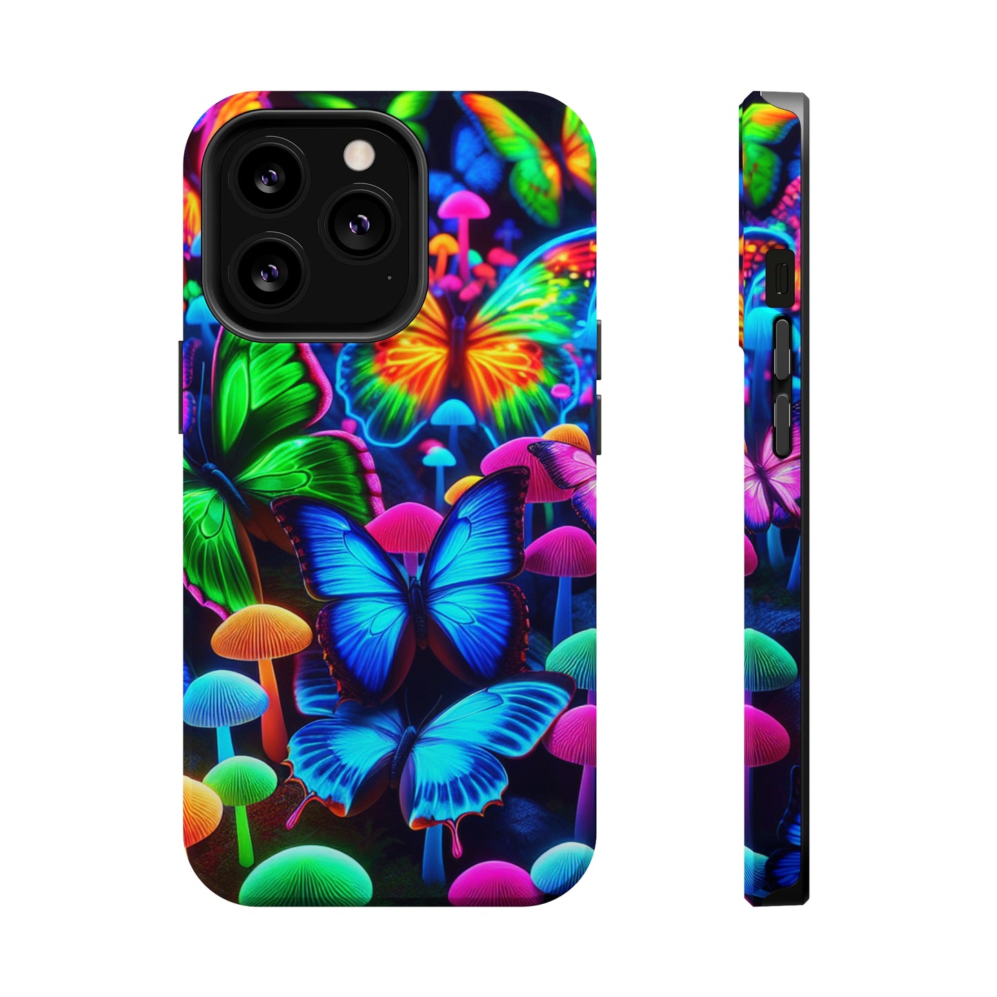 "Fantastic Fruition" Neon Butterflies and Mushrooms Premium Art Magsafe Magnet Tough IPhone 13 14 15 Pro Plus Max and Mini in Matte and Glossy Phone cases