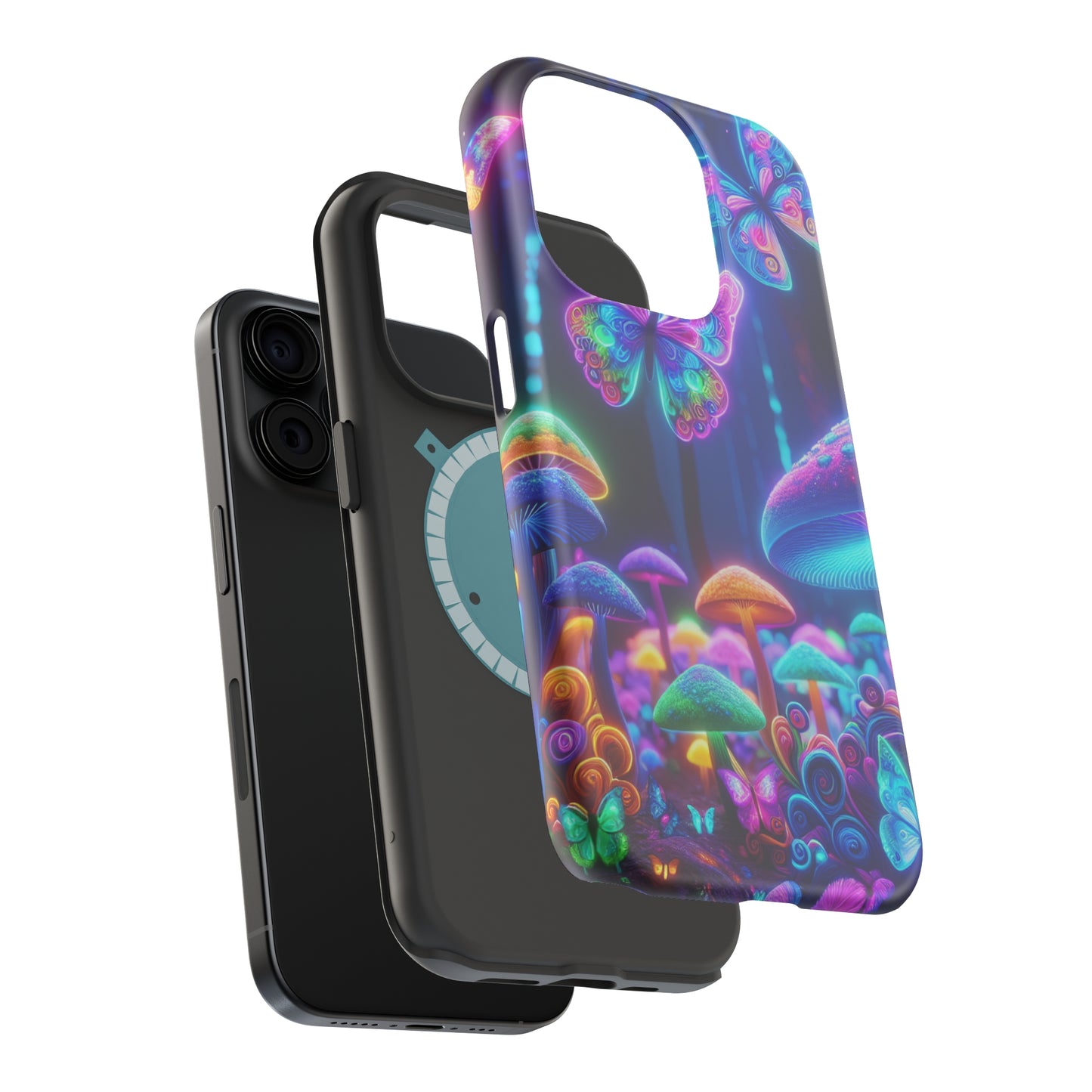 Neon Ecstasy. Neon Butterflies and Mushrooms Premium Art Magsafe Magnet Tough IPhone 13 14 15 Pro Plus Max and Mini in Matte and Glossy Phone cases