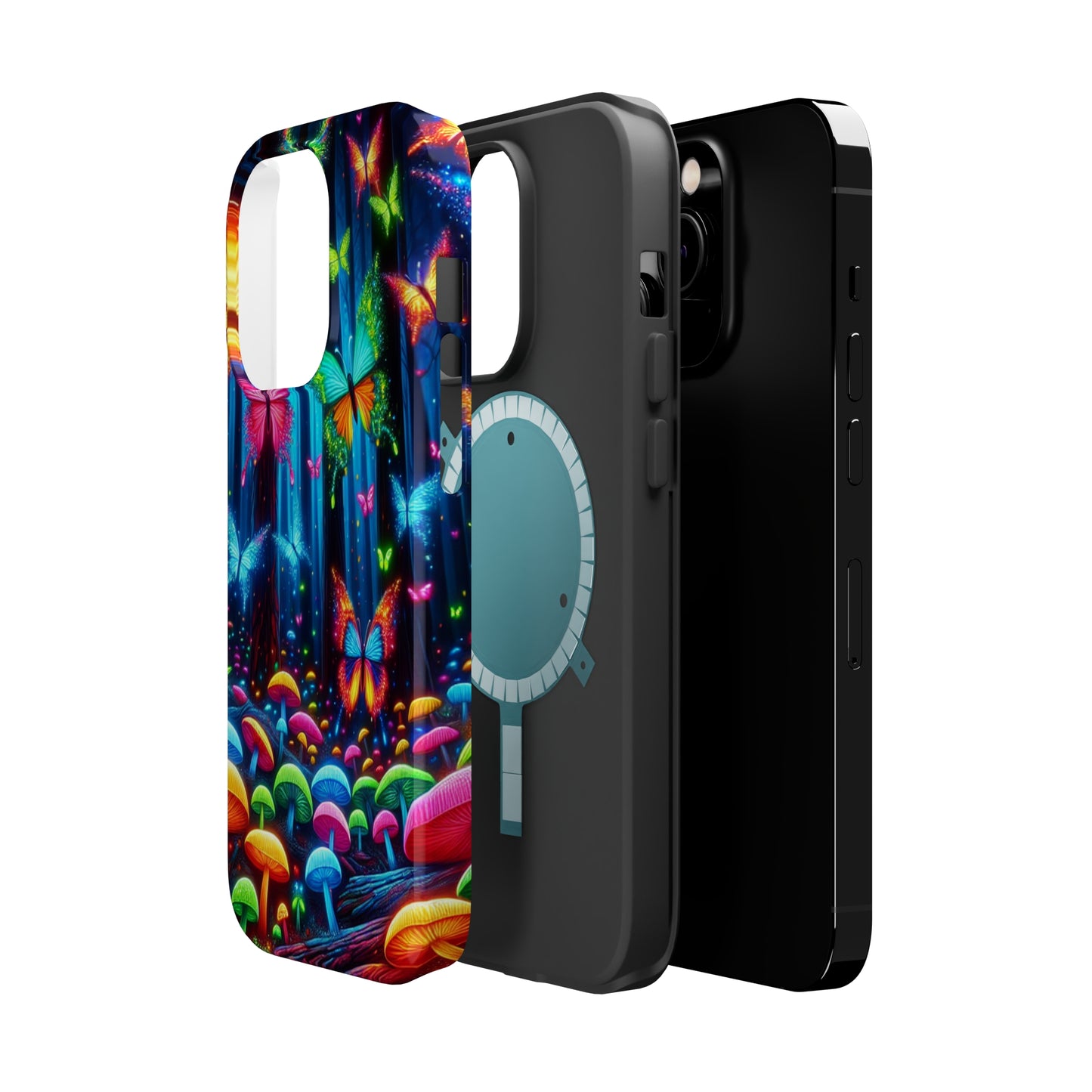 Neon Fantasia. Neon Butterflies and Mushrooms Premium Art Magsafe Magnet Tough IPhone 13 14 15 Pro Plus Max and Mini in Matte and Glossy Phone cases