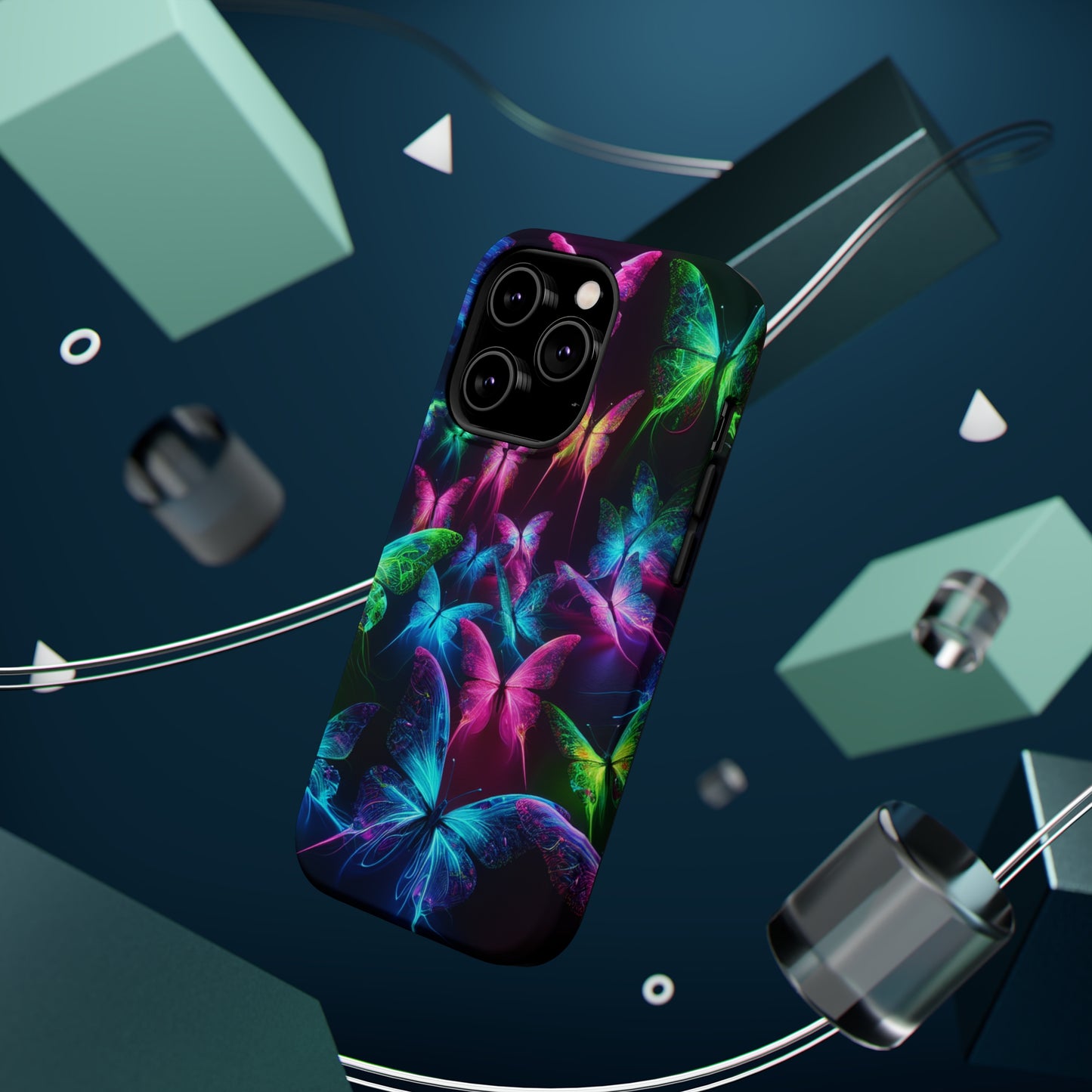 'Euphoria in Neon Flight' Neon Butterflies Premium Art Magsafe Magnet Tough IPhone 13 14 15 Pro Plus Max and Mini in Matte and Glossy Phone cases