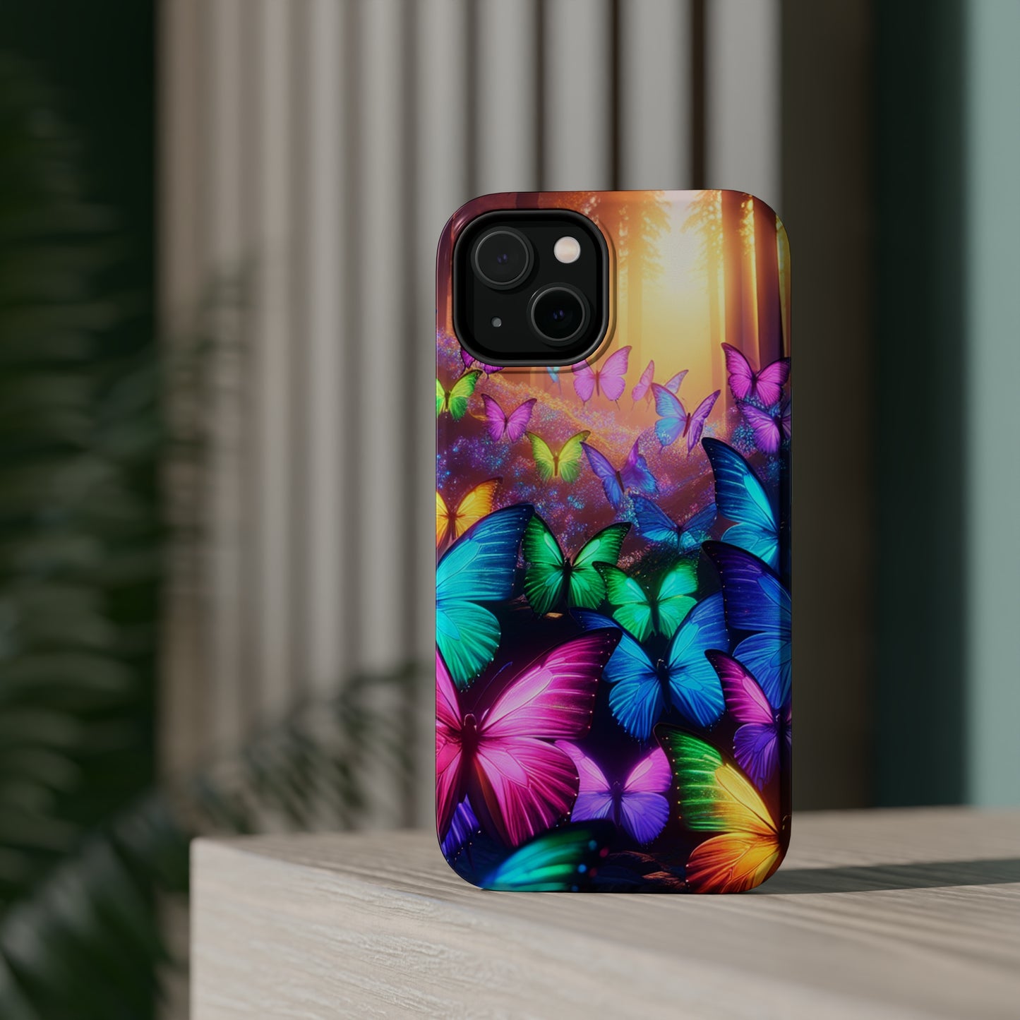 "Radiant Glowing Flight" Neon Butterflies Premium Art Magsafe Magnet Tough IPhone 13 14 15 Pro Plus Max and Mini in Matte and Glossy Phone cases