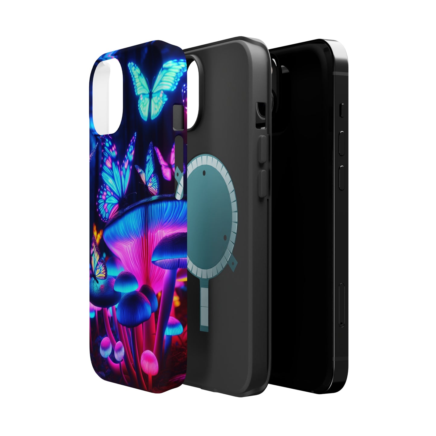 Neon Fantasy Garden Neon Butterflies and Mushrooms Premium Art Magsafe Magnet Tough IPhone 13 14 15 Pro Plus Max and Mini in Matte and Glossy Phone cases