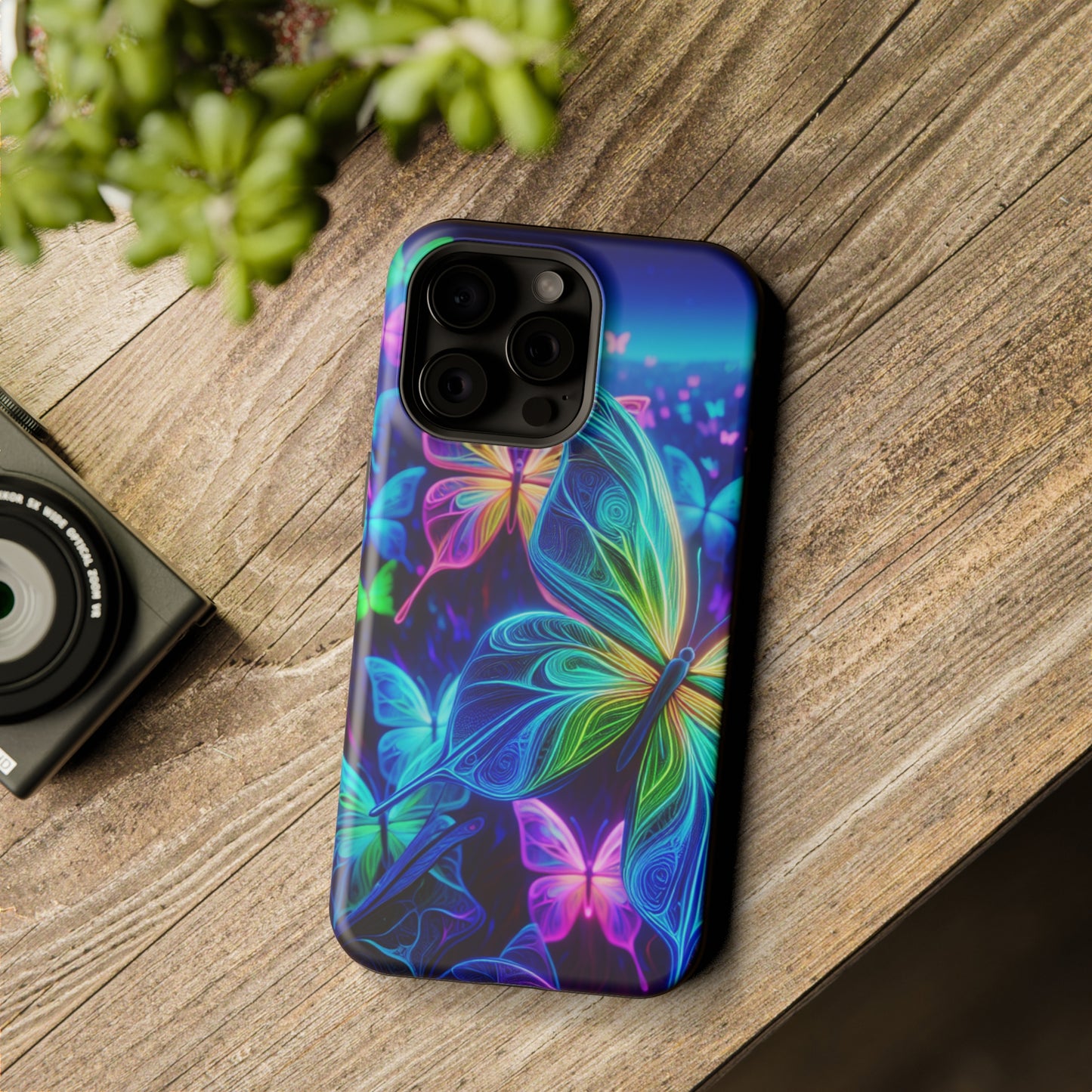 'Serene Spectacle of Neon Butterflies' Neon Butterflies Premium Art Magsafe Magnet Tough IPhone 13 14 15 Pro Plus Max and Mini in Matte and Glossy Phone cases