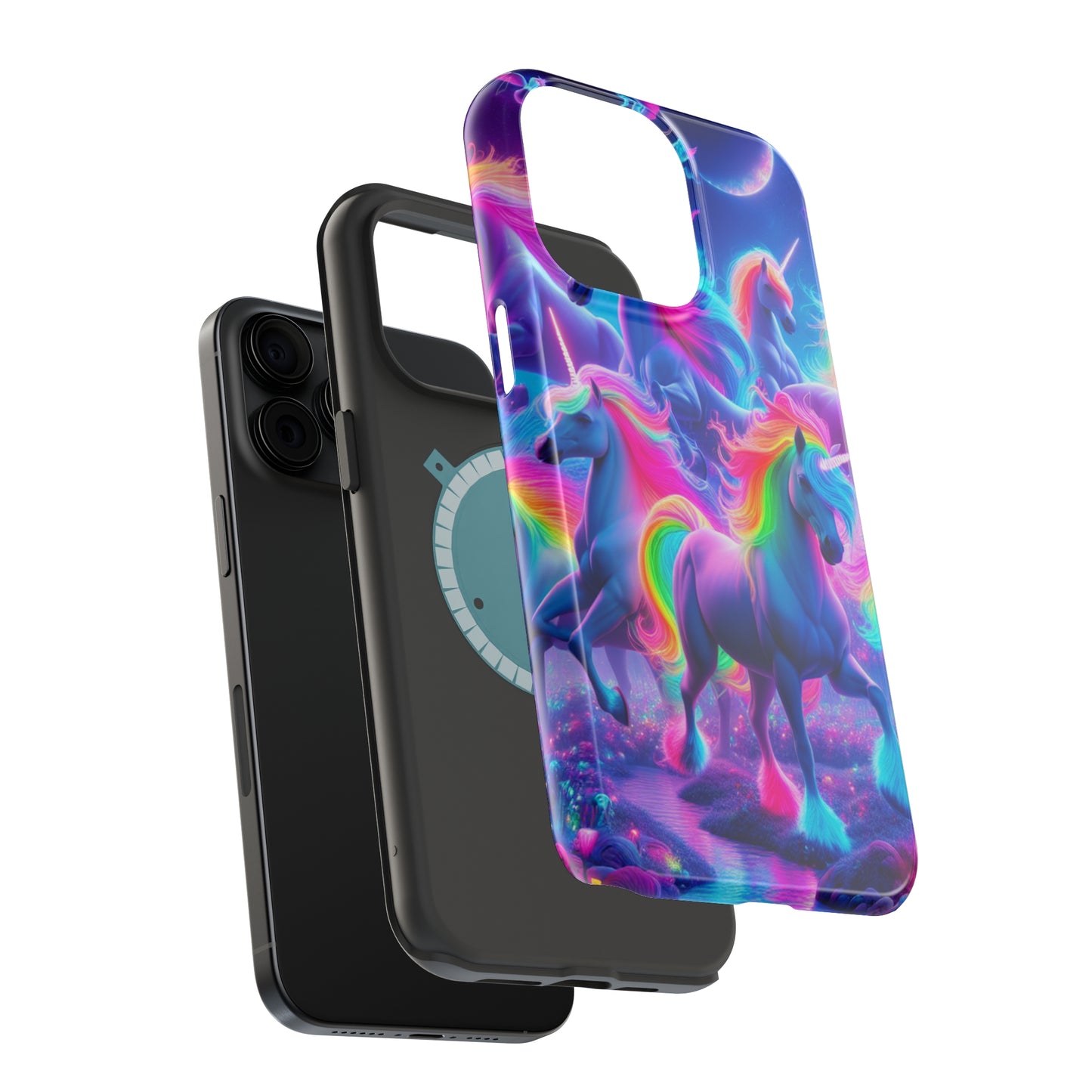 "Unicorn Prism" Neon Unicorns Premium Art Magsafe Magnet Tough IPhone 13 14 15 Pro Plus Max and Mini in Matte and Glossy Phone cases