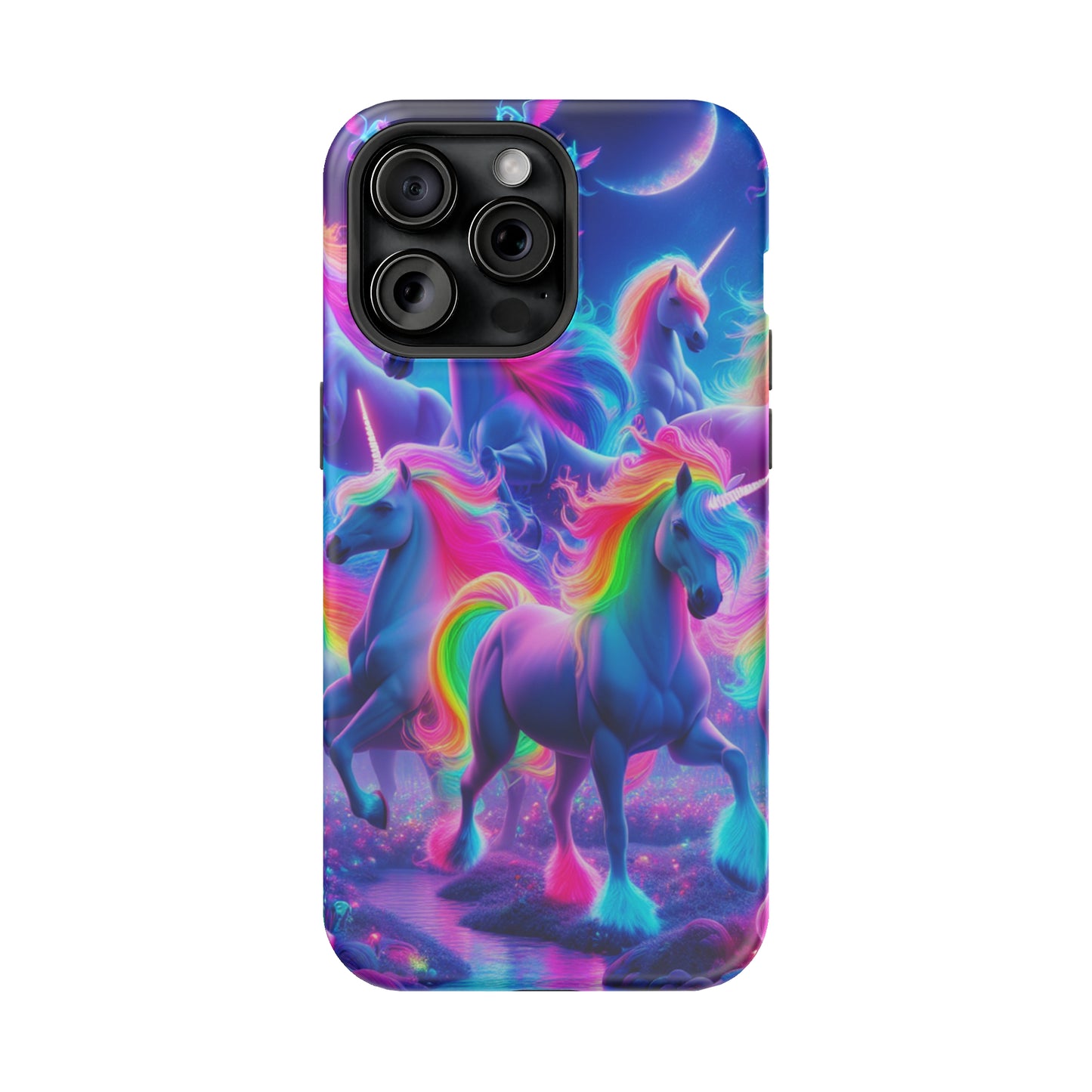 "Unicorn Prism" Neon Unicorns Premium Art Magsafe Magnet Tough IPhone 13 14 15 Pro Plus Max and Mini in Matte and Glossy Phone cases