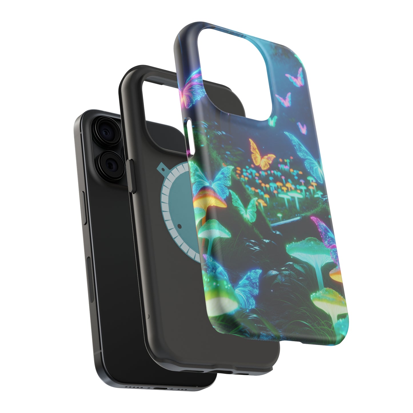 "Neon Meadow" Neon Butterflies and Mushrooms Premium Art Magsafe Magnet Tough IPhone 13 14 15 Pro Plus Max and Mini in Matte and Glossy Phone cases