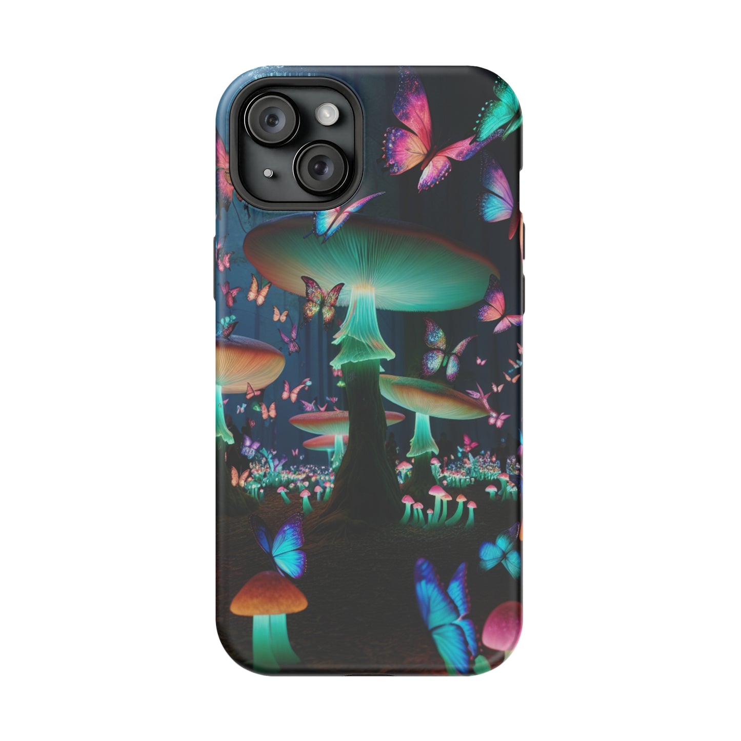Neon Garden Delight. Neon Butterflies and Mushrooms Premium Art Magsafe Magnet Tough IPhone 13 14 15 Pro Plus Max and Mini in Matte and Glossy Phone cases