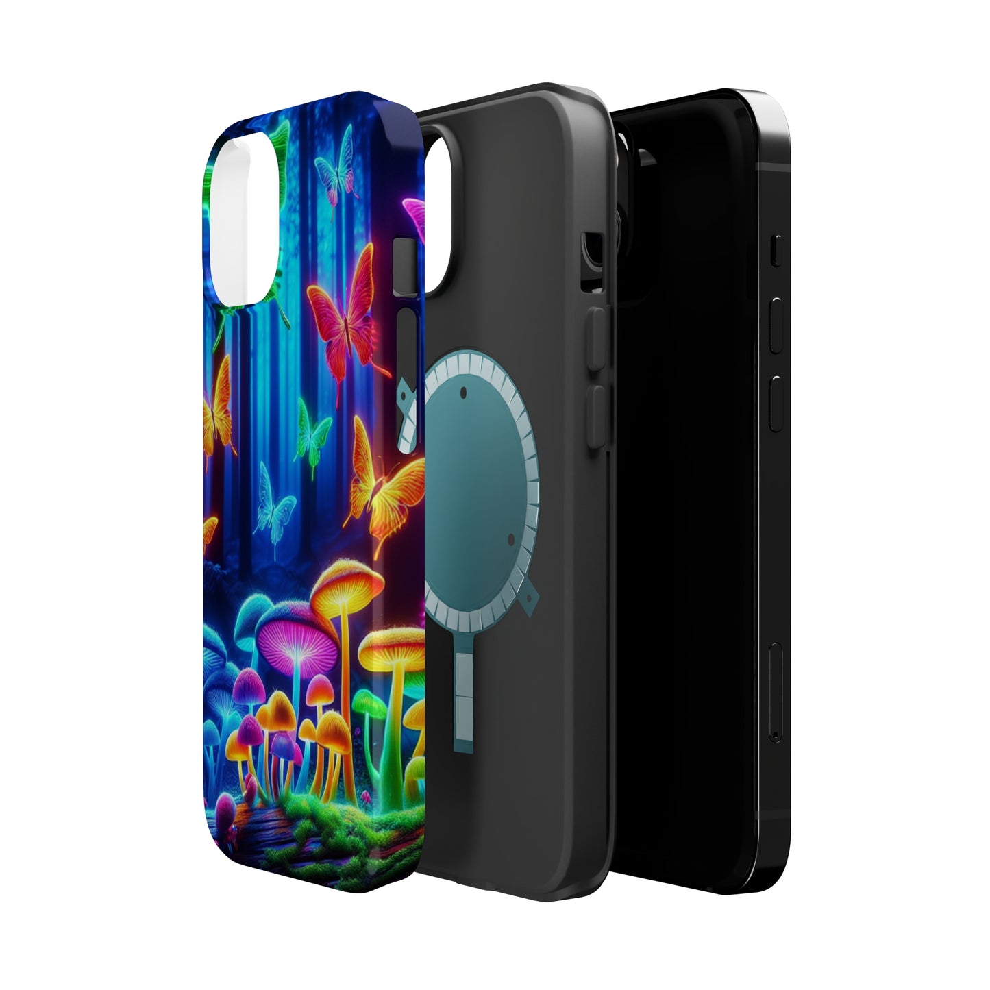 "Neon Garden Delight" Neon Butterflies and Mushrooms Premium Art Magsafe Magnet Tough IPhone 13 14 15 Pro Plus Max and Mini in Matte and Glossy Phone cases