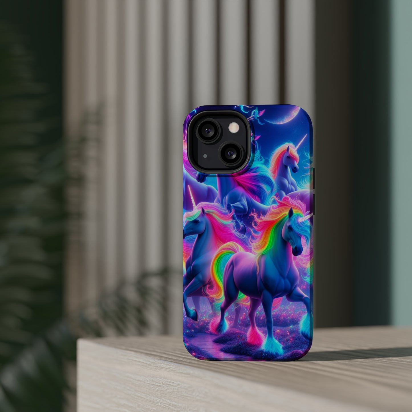"Unicorn Prism" Neon Unicorns Premium Art Magsafe Magnet Tough IPhone 13 14 15 Pro Plus Max and Mini in Matte and Glossy Phone cases