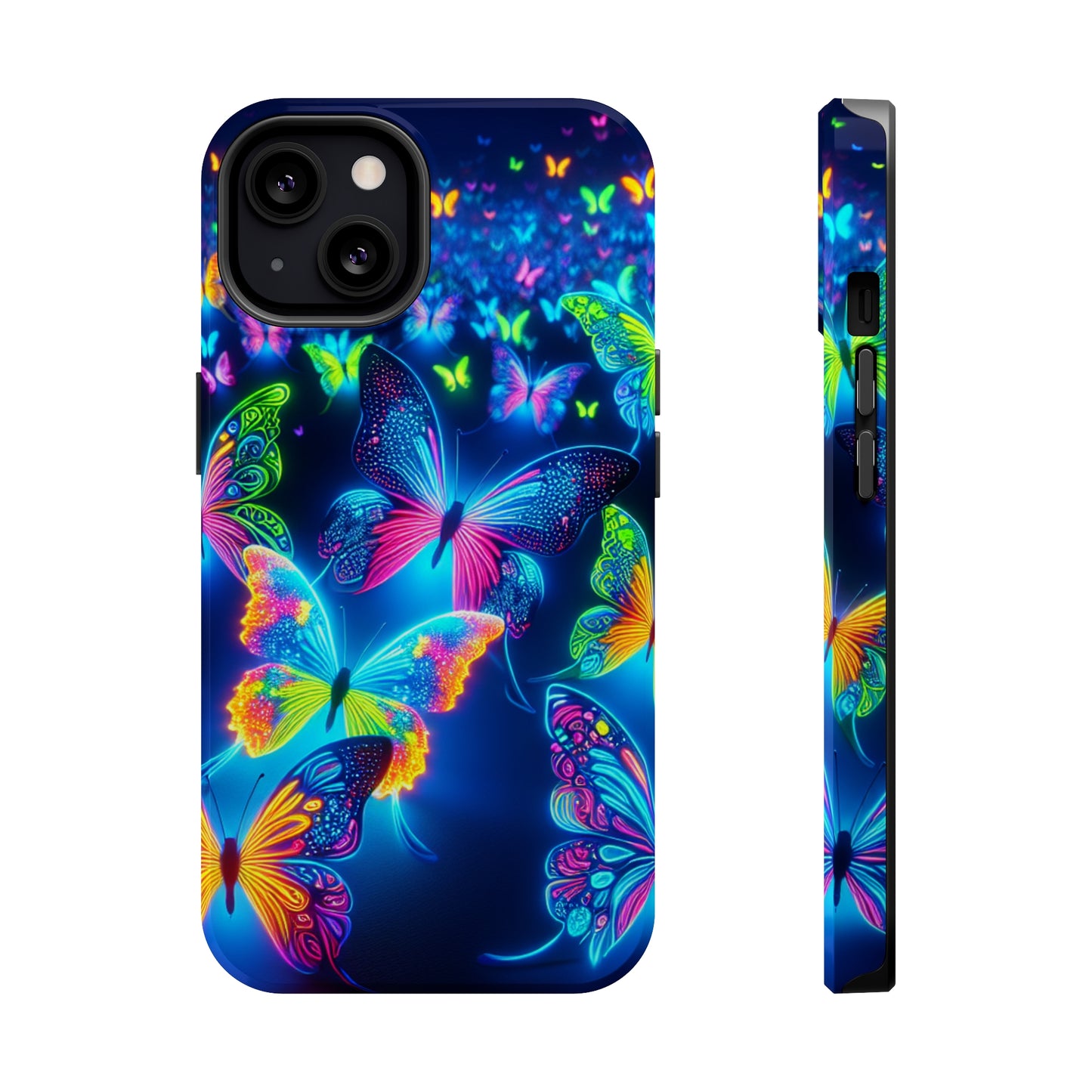 "Atmospheric Fluorescence" Neon Butterflies Premium Art Magsafe Magnet Tough IPhone 13 14 15 Pro Plus Max and Mini in Matte and Glossy Phone cases