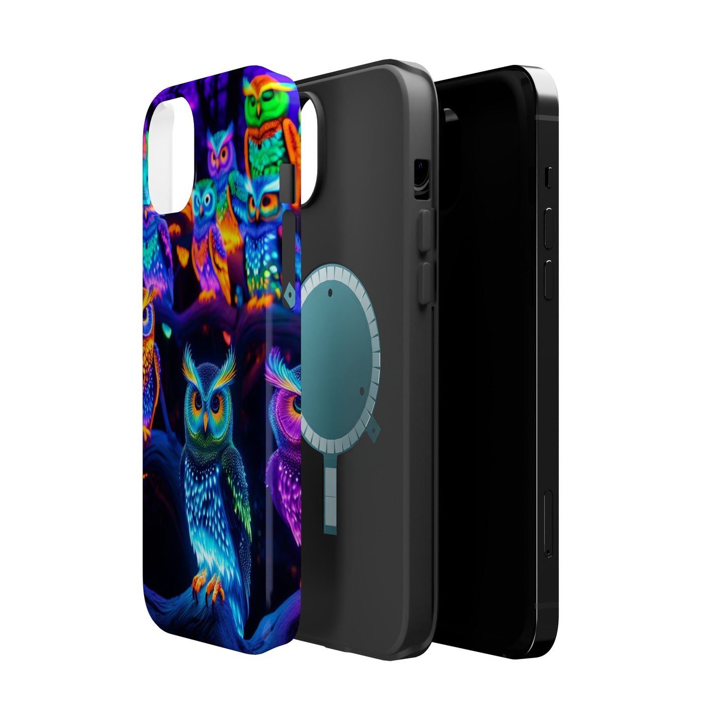 Glowing Neon Clan. Neon Owls Premium Art Magsafe Magnet Tough IPhone 13 14 15 Pro Plus Max and Mini in Matte and Glossy Phone cases