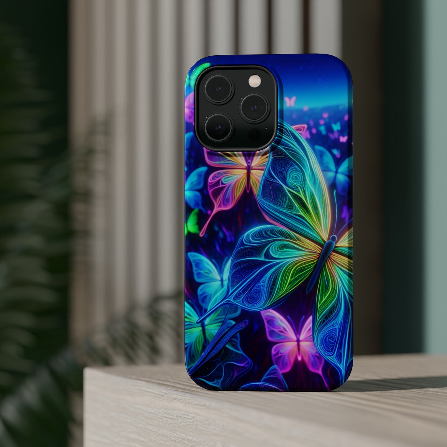 'Serene Spectacle of Neon Butterflies' Neon Butterflies Premium Art Magsafe Magnet Tough IPhone 13 14 15 Pro Plus Max and Mini in Matte and Glossy Phone cases