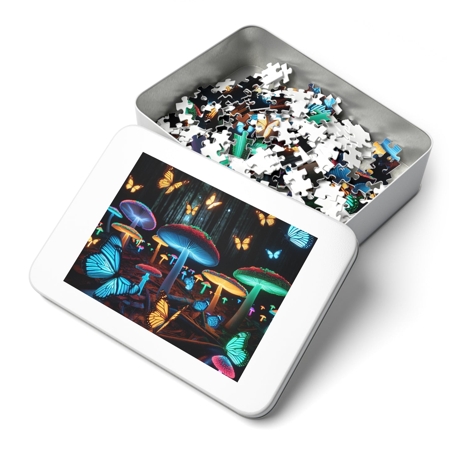 Neon Butterflydreamscape - Neon Butterflies and Mushrooms Puzzle 30, 110, 252, and 1000 Pieces