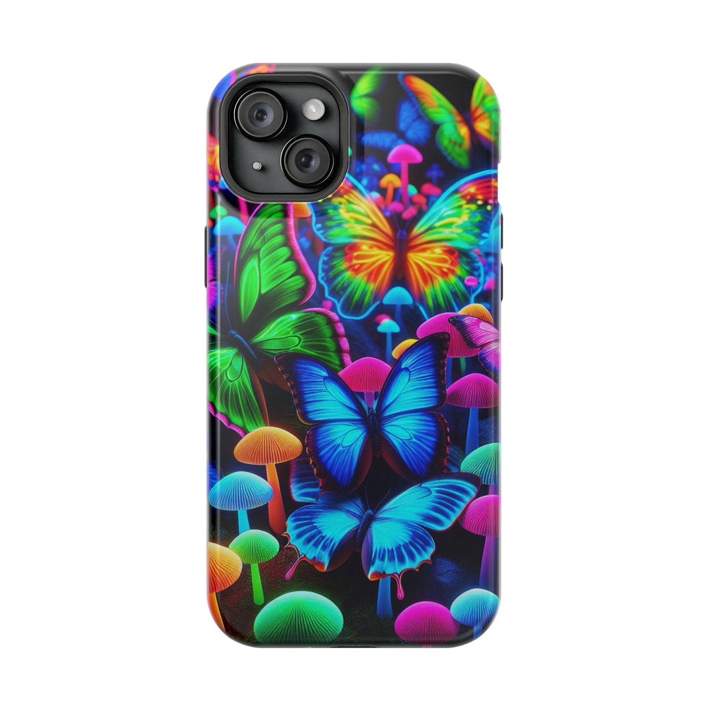 "Fantastic Fruition" Neon Butterflies and Mushrooms Premium Art Magsafe Magnet Tough IPhone 13 14 15 Pro Plus Max and Mini in Matte and Glossy Phone cases