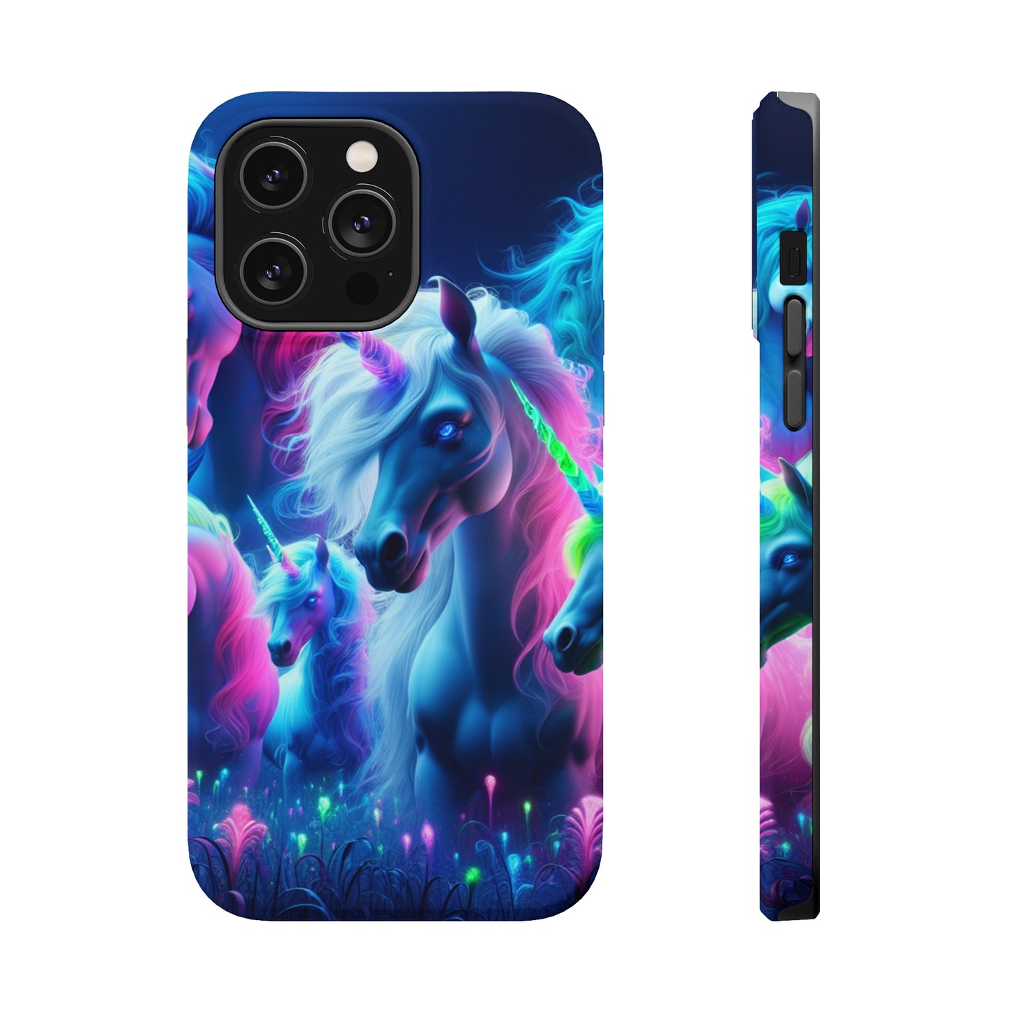 "Unicorn Flux-scape" Neon Unicorns Premium Art Magsafe Magnet Tough IPhone 13 14 15 Pro Plus Max and Mini in Matte and Glossy Phone cases