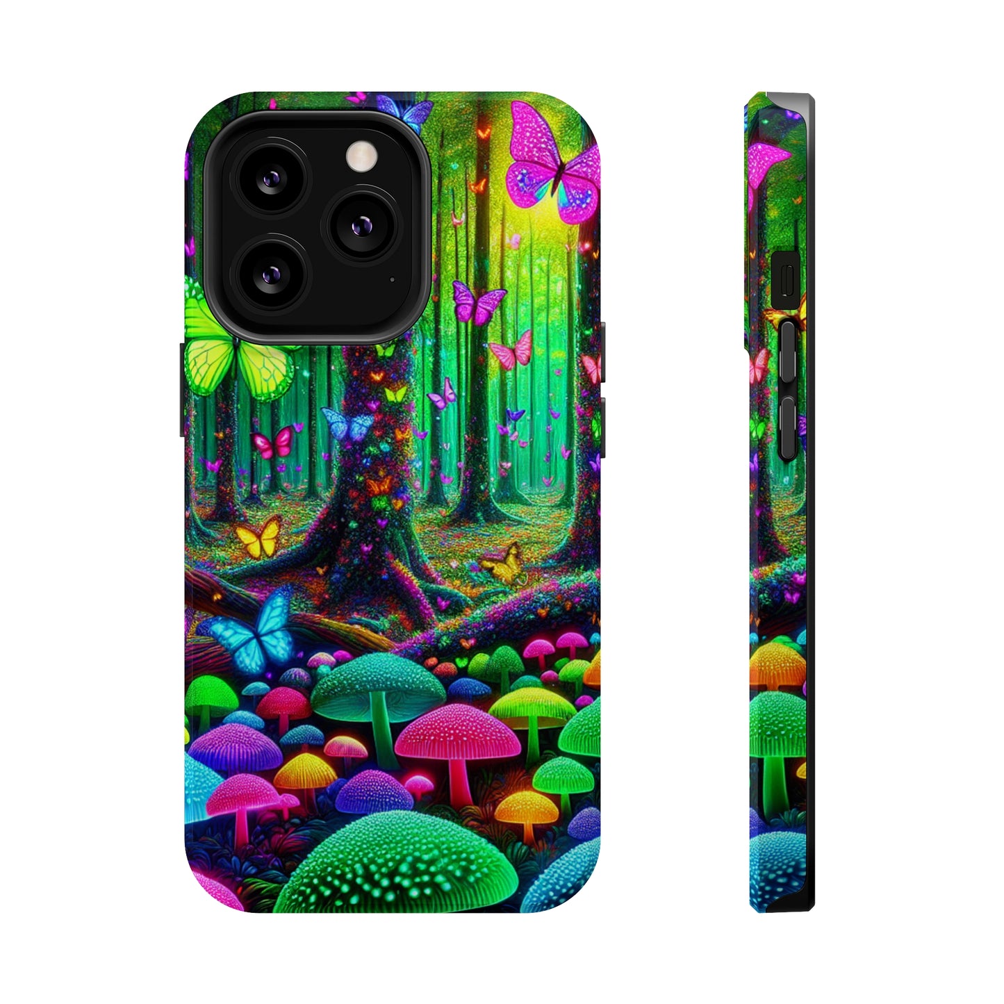 "Neon Garden Symphony". Neon Butterflies and Mushrooms Premium Art Magsafe Magnet Tough IPhone 13 14 15 Pro Plus Max and Mini in Matte and Glossy Phone cases