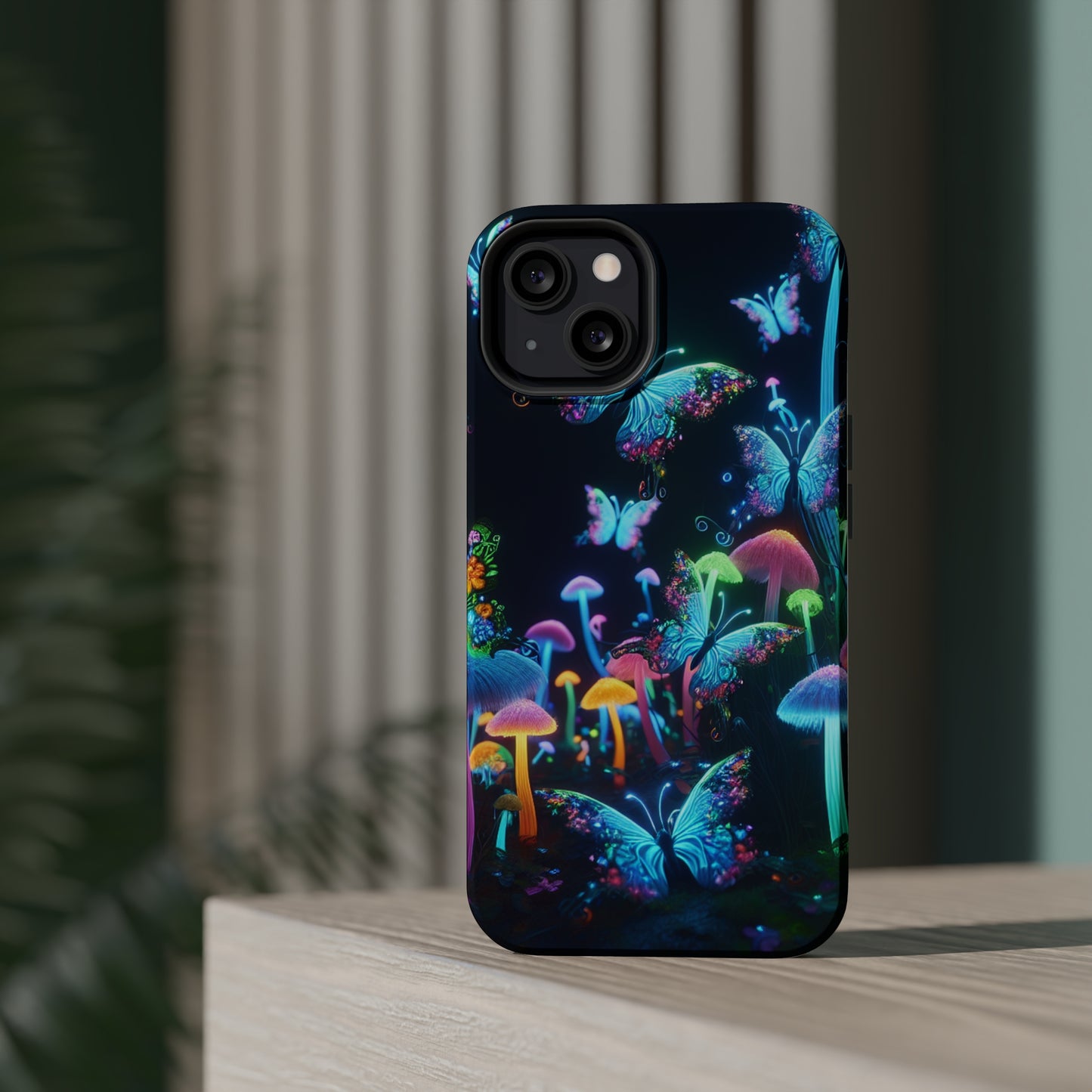 "Neon Dreamscape" Neon Butterflies and Mushrooms Premium Art Magsafe Magnet Tough IPhone 13 14 15 Pro Plus Max and Mini in Matte and Glossy Phone cases