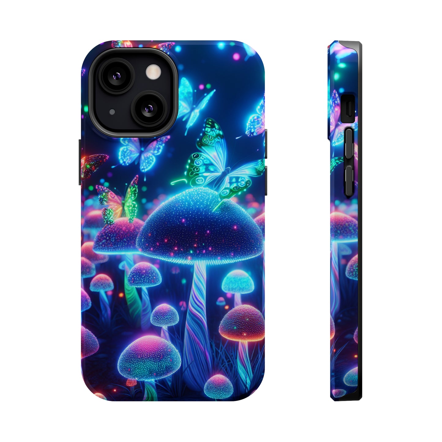 Neon Glitterbug Heaven. Neon Butterflies and Mushrooms Premium Art Magsafe Magnet Tough IPhone 13 14 15 Pro Plus Max and Mini in Matte and Glossy Phone cases