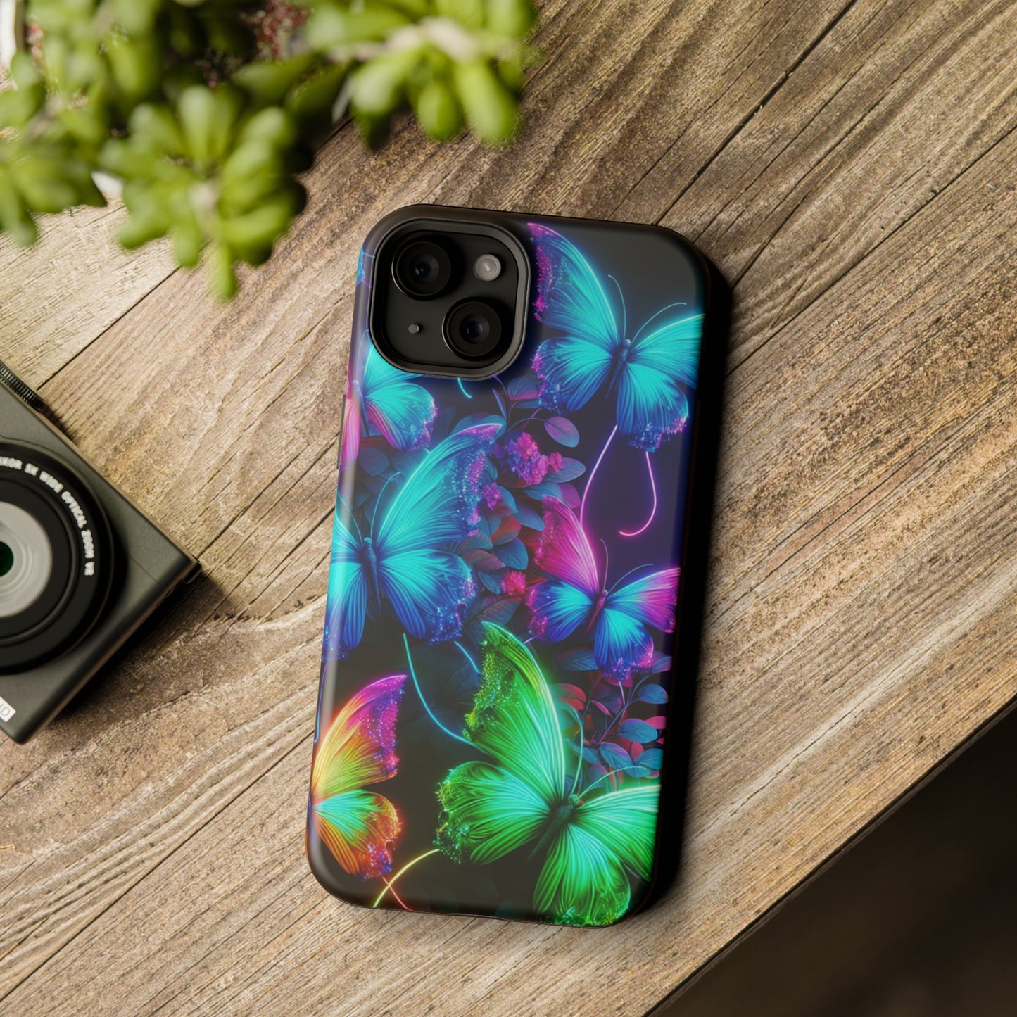 Neon Flutter Symphony Neon Butterflies Premium Art Magsafe Magnet Tough IPhone 13 14 15 Pro Plus Max and Mini in Matte and Glossy Phone cases