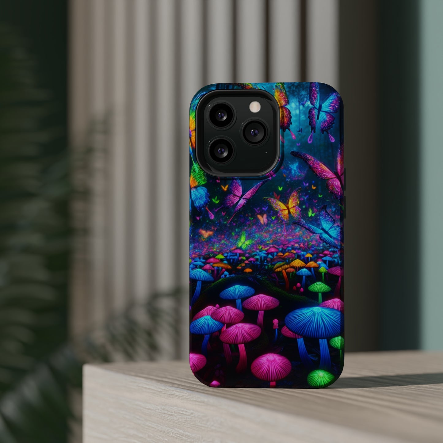 Neon Fruition Neon Butterflies and Mushrooms Premium Art Magsafe Magnet Tough IPhone 13 14 15 Pro Plus Max and Mini in Matte and Glossy Phone cases