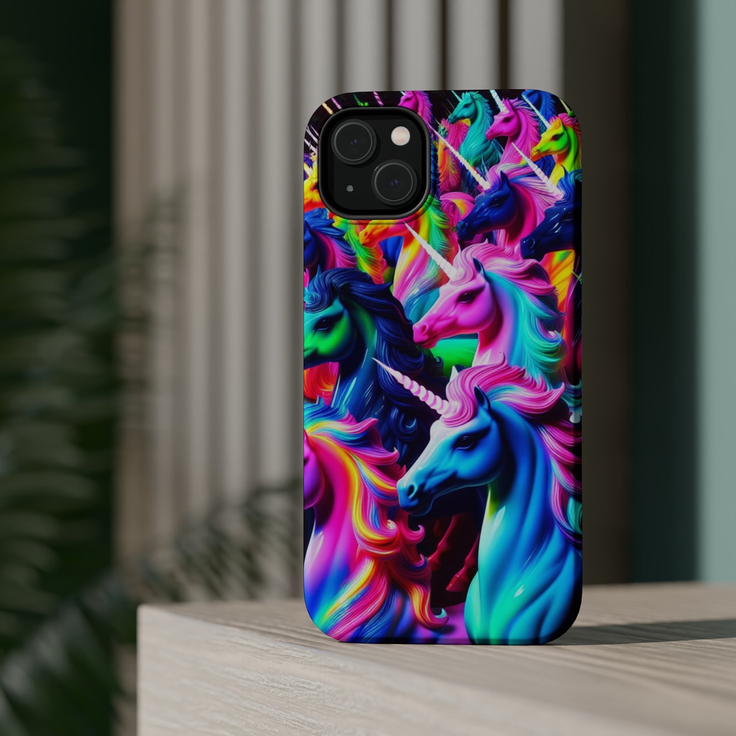 "Neon Illumination" Neon Unicorns Premium Art Magsafe Magnet Tough IPhone 13 14 15 Pro Plus Max and Mini in Matte and Glossy Phone cases