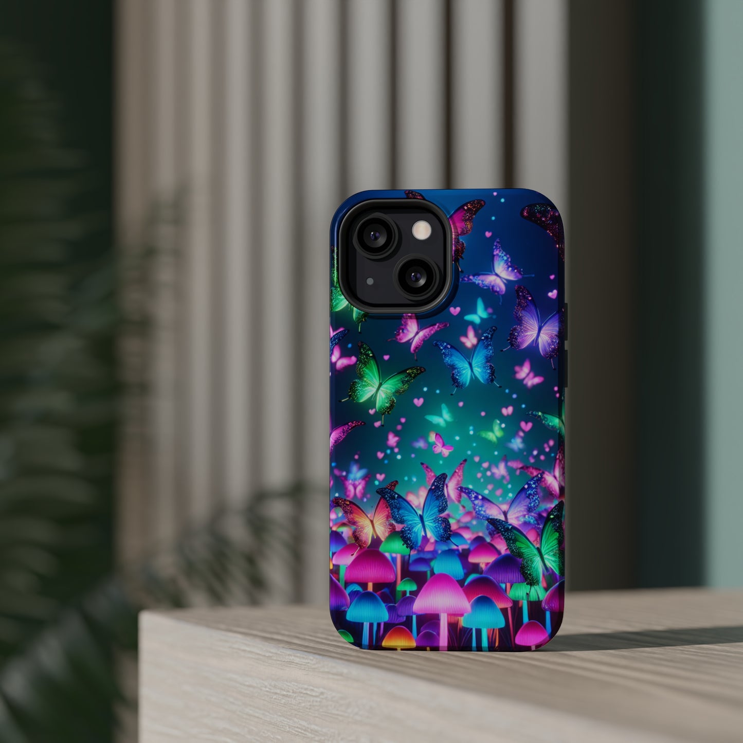 Neon Eden. Neon Butterflies and Mushrooms Premium Art Magsafe Magnet Tough IPhone 13 14 15 Pro Plus Max and Mini in Matte and Glossy Phone cases