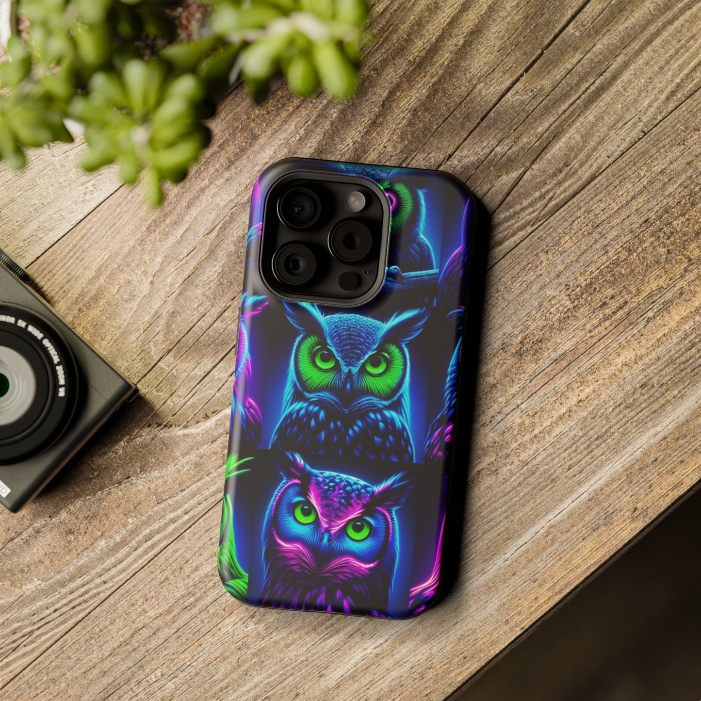 "Neon Nocturne" Neon Owls Premium Art Magsafe Magnet Tough IPhone 13 14 15 Pro Plus Max and Mini in Matte and Glossy Phone cases