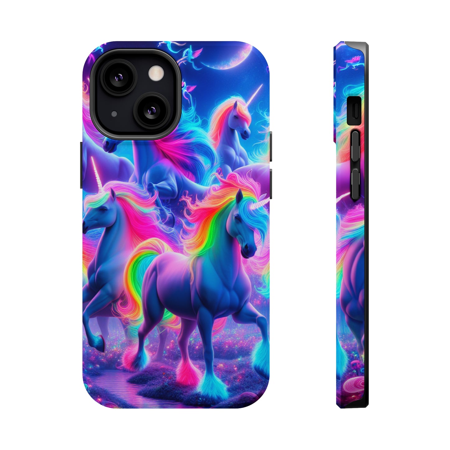 "Unicorn Prism" Neon Unicorns Premium Art Magsafe Magnet Tough IPhone 13 14 15 Pro Plus Max and Mini in Matte and Glossy Phone cases
