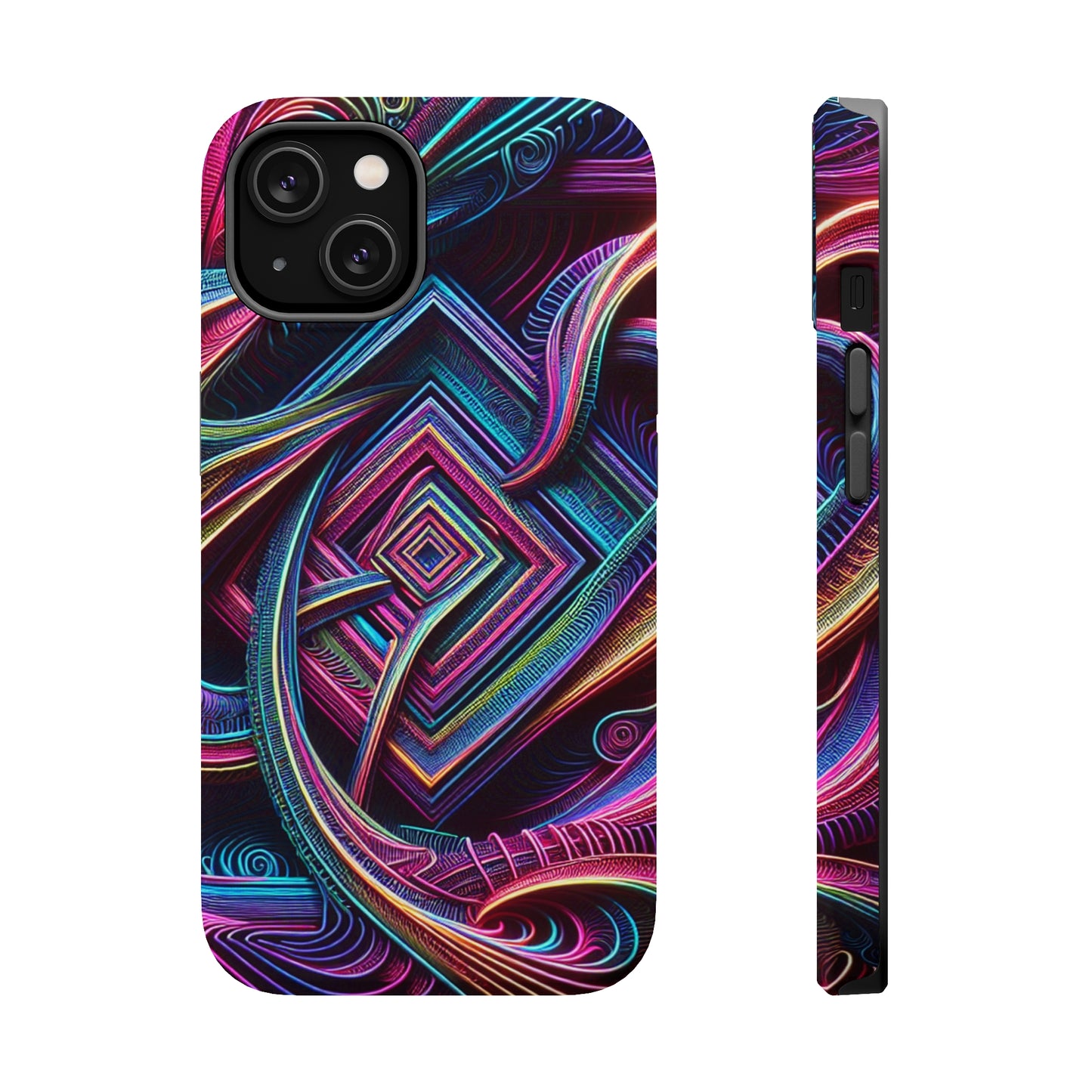 Fluxing Fractalvisage. Neon Trippy Infinity Patterns Premium Art Magsafe Magnet Tough IPhone 13 14 15 Pro Plus Max and Mini in Matte and Glossy Phone cases