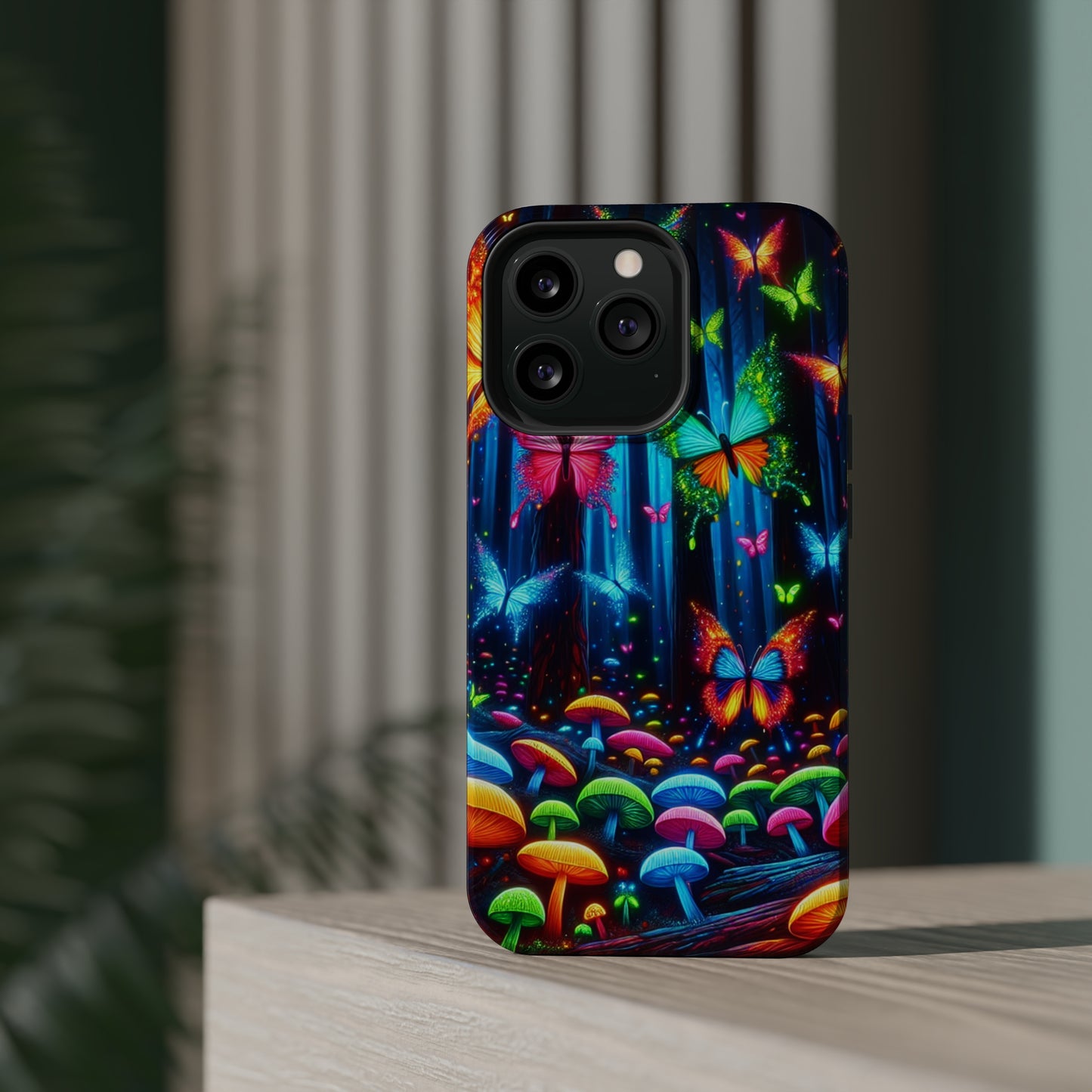 Neon Fantasia. Neon Butterflies and Mushrooms Premium Art Magsafe Magnet Tough IPhone 13 14 15 Pro Plus Max and Mini in Matte and Glossy Phone cases