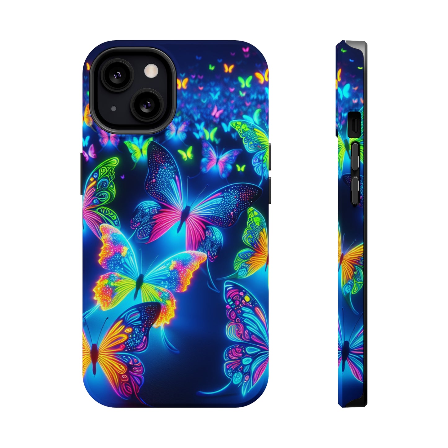 "Atmospheric Fluorescence" Neon Butterflies Premium Art Magsafe Magnet Tough IPhone 13 14 15 Pro Plus Max and Mini in Matte and Glossy Phone cases