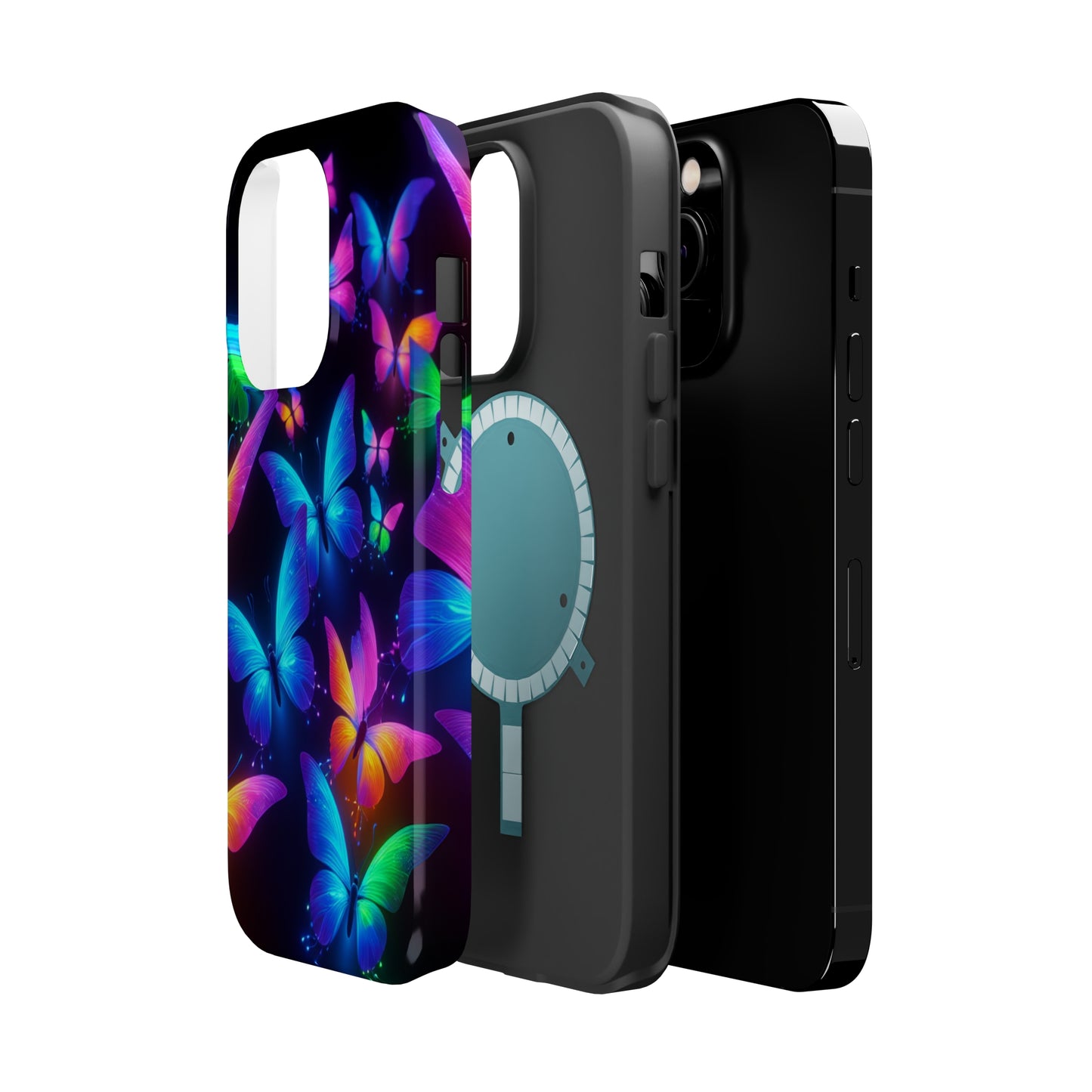 "Vibrant Neon Flutter" Neon Butterflies Premium Art Magsafe Magnet Tough IPhone 13 14 15 Pro Plus Max and Mini in Matte and Glossy Phone cases