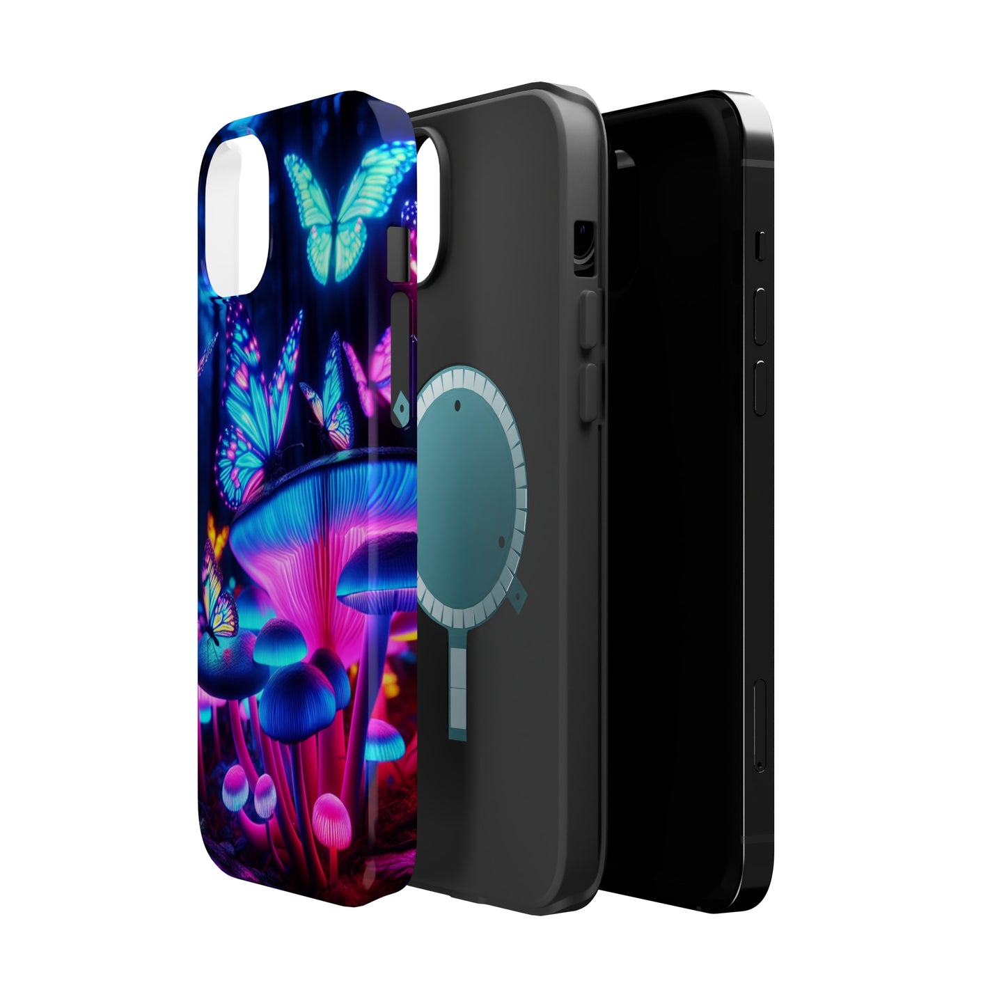 Neon Fantasy Garden Neon Butterflies and Mushrooms Premium Art Magsafe Magnet Tough IPhone 13 14 15 Pro Plus Max and Mini in Matte and Glossy Phone cases