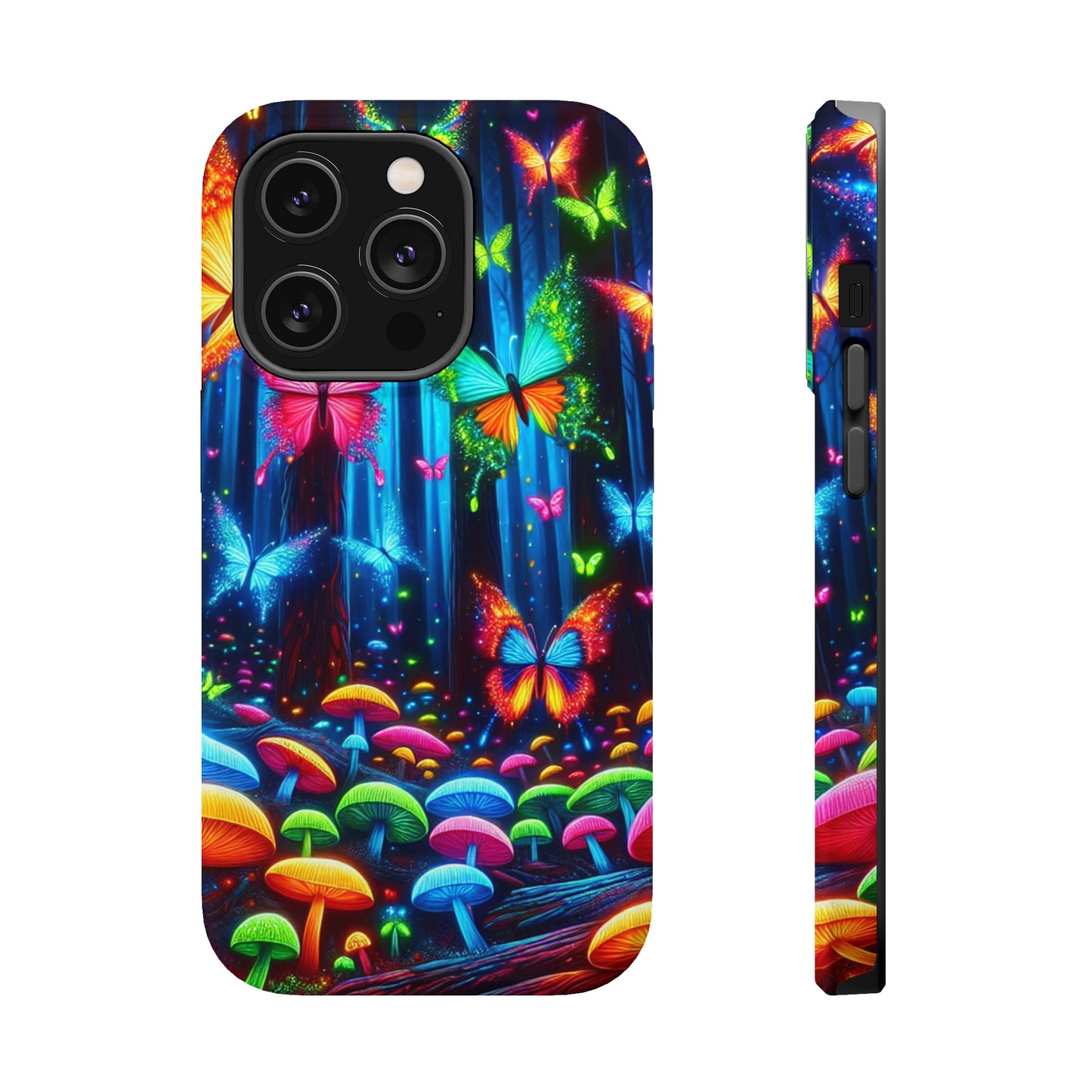 Neon Fantasia. Neon Butterflies and Mushrooms Premium Art Magsafe Magnet Tough IPhone 13 14 15 Pro Plus Max and Mini in Matte and Glossy Phone cases
