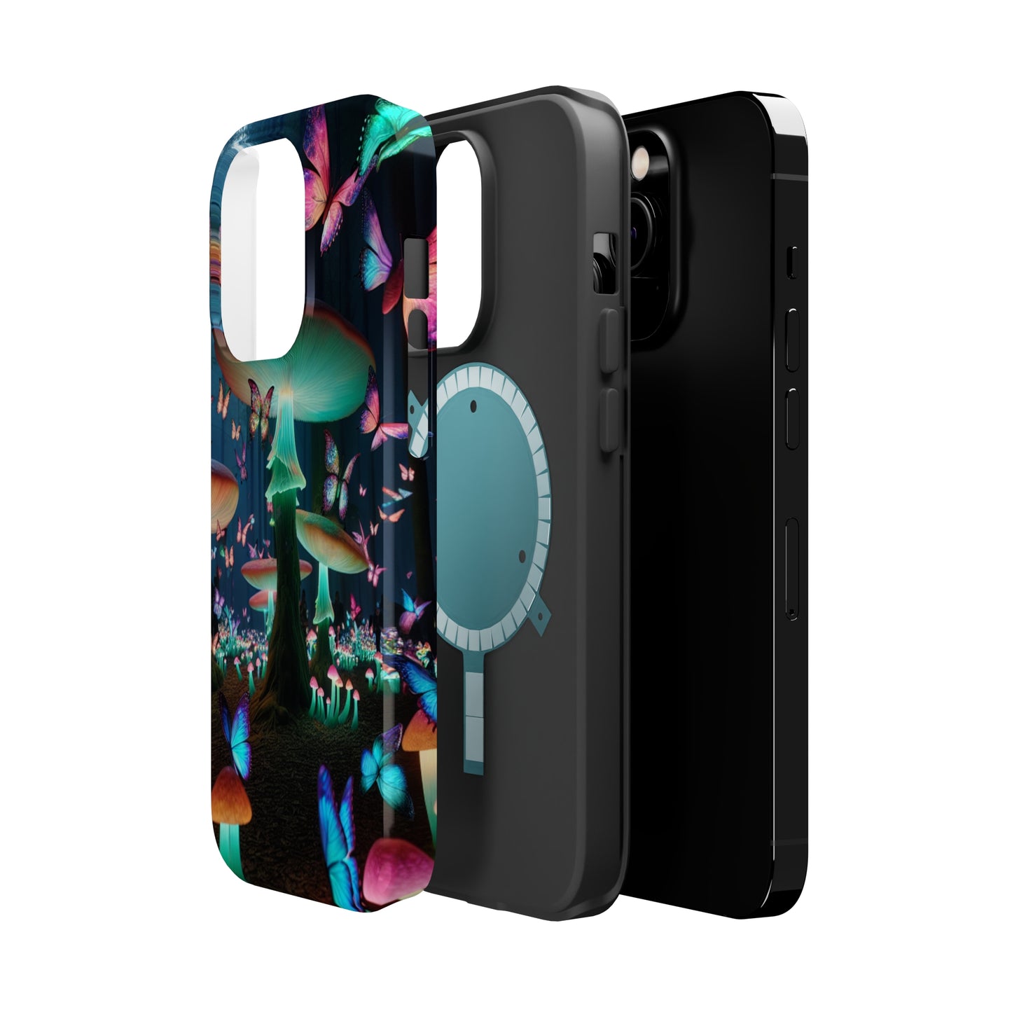 Neon Garden Delight. Neon Butterflies and Mushrooms Premium Art Magsafe Magnet Tough IPhone 13 14 15 Pro Plus Max and Mini in Matte and Glossy Phone cases