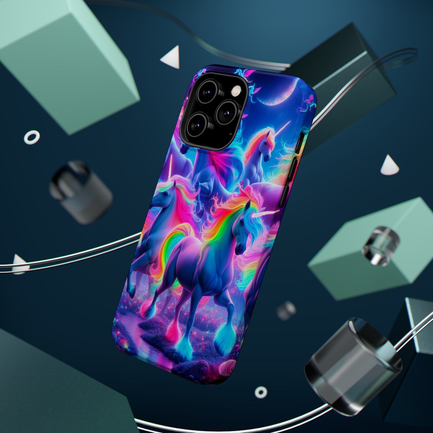 "Unicorn Prism" Neon Unicorns Premium Art Magsafe Magnet Tough IPhone 13 14 15 Pro Plus Max and Mini in Matte and Glossy Phone cases