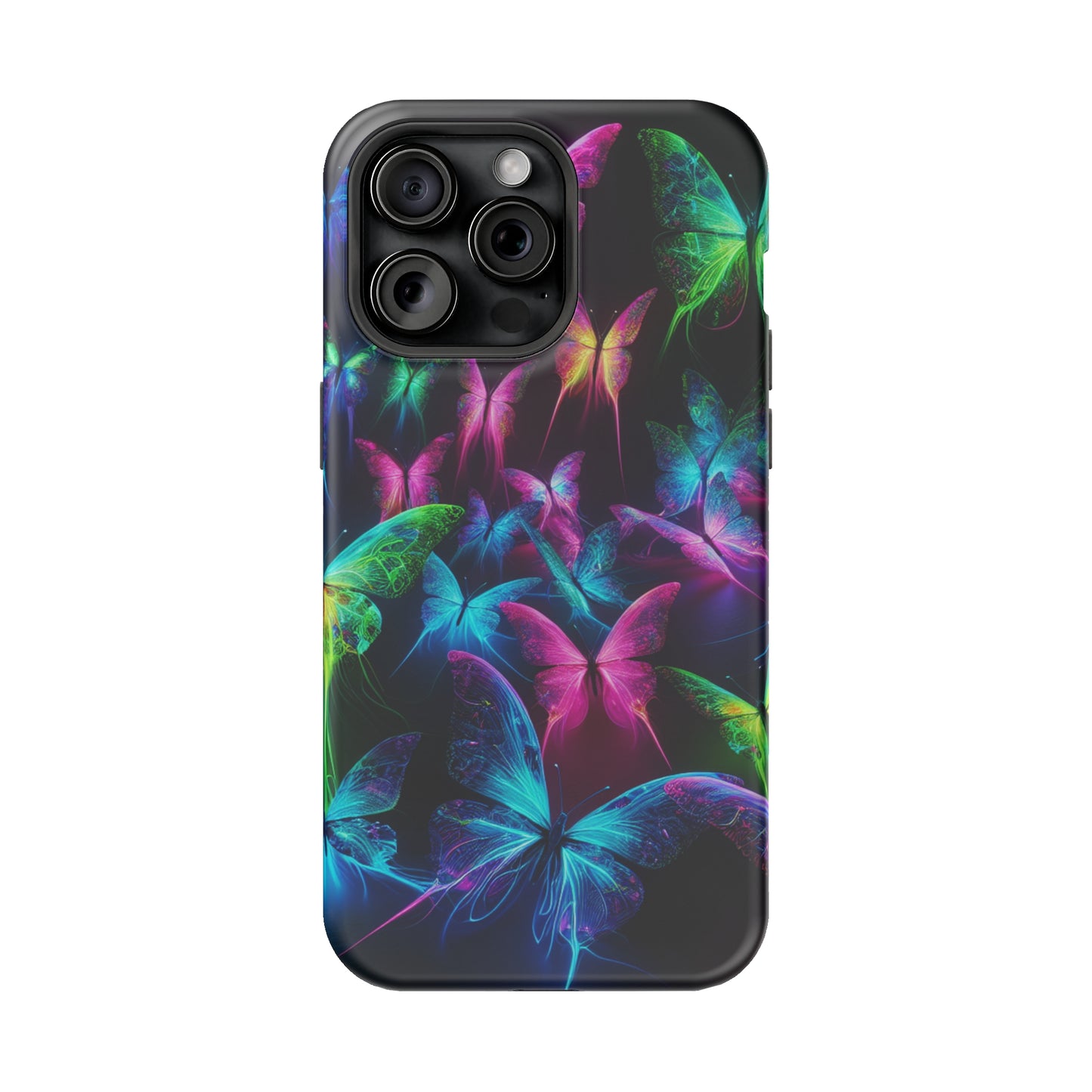 'Euphoria in Neon Flight' Neon Butterflies Premium Art Magsafe Magnet Tough IPhone 13 14 15 Pro Plus Max and Mini in Matte and Glossy Phone cases