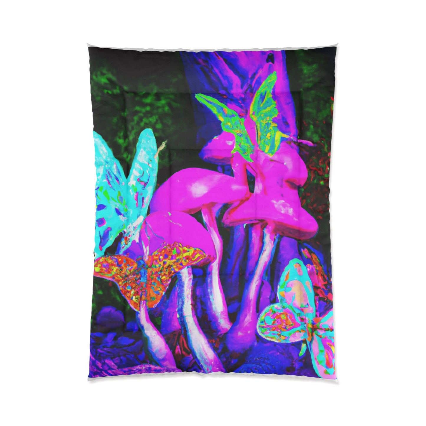 "Neon Glade of Wonders" Butterflies & Mushrooms Comforter Blanket
