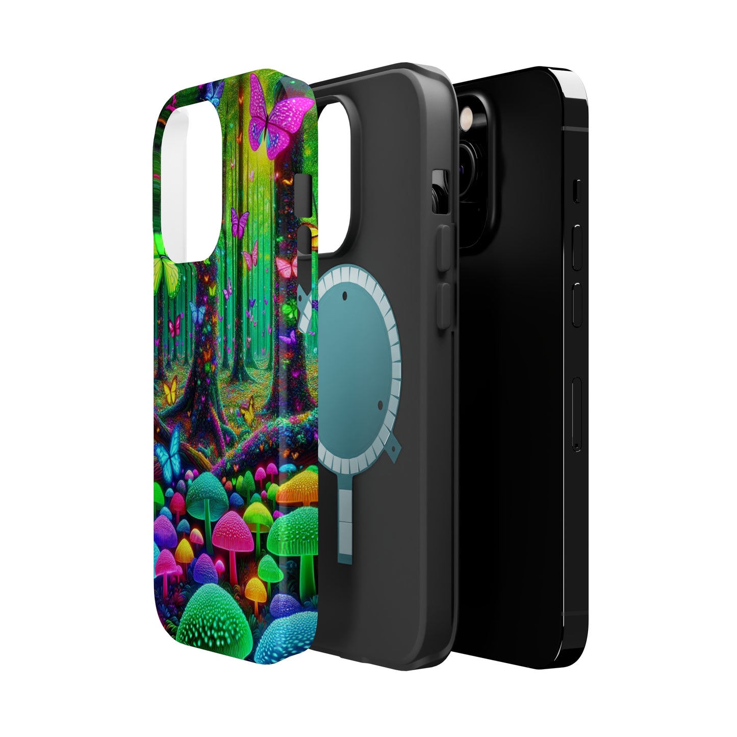 "Neon Garden Symphony". Neon Butterflies and Mushrooms Premium Art Magsafe Magnet Tough IPhone 13 14 15 Pro Plus Max and Mini in Matte and Glossy Phone cases