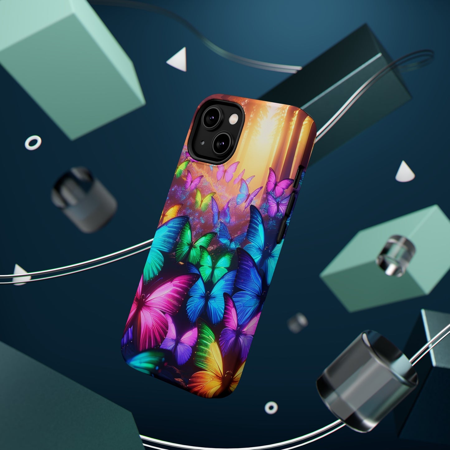 "Radiant Glowing Flight" Neon Butterflies Premium Art Magsafe Magnet Tough IPhone 13 14 15 Pro Plus Max and Mini in Matte and Glossy Phone cases
