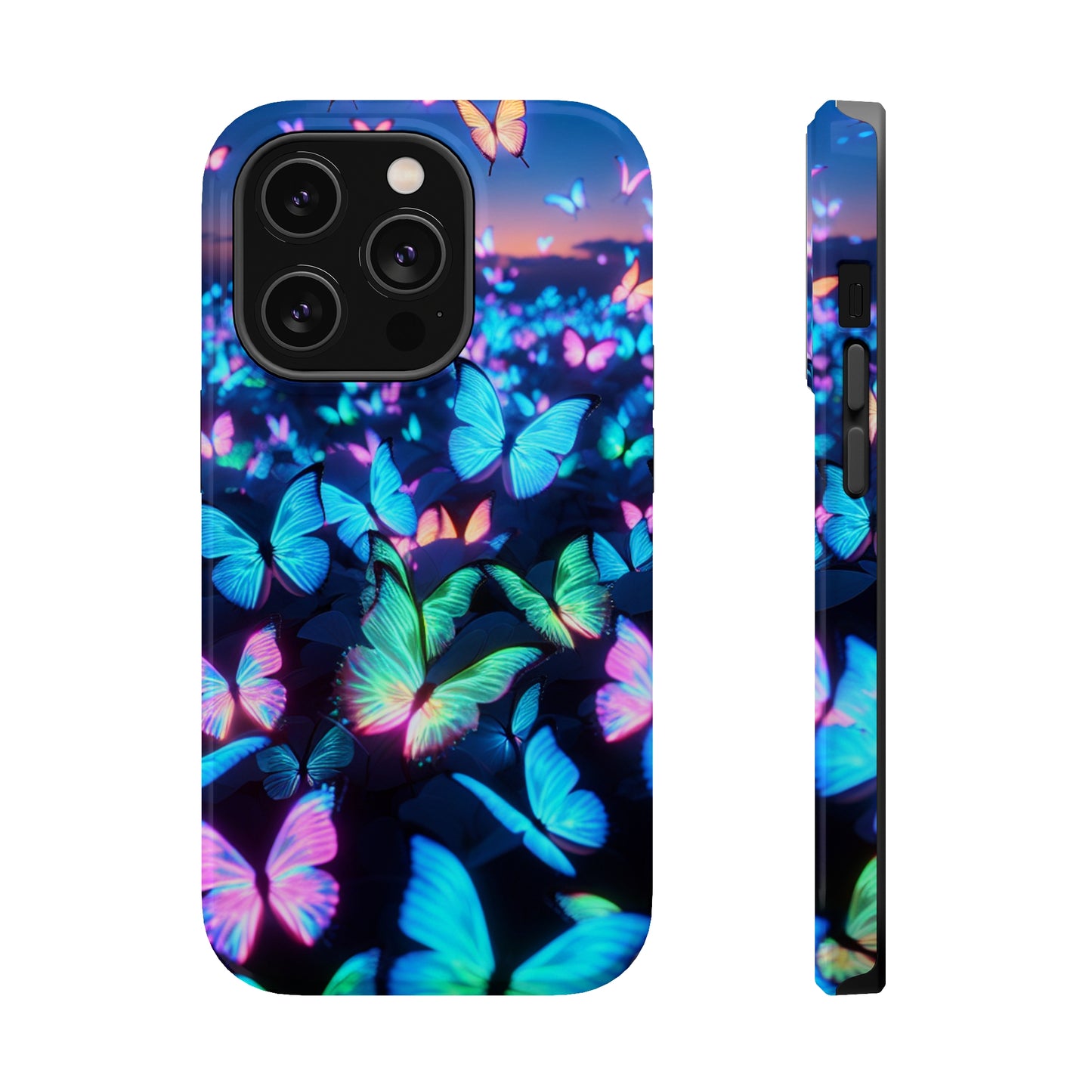 "Fantasia of Neon Butterflies" Neon Butterflies Premium Art Magsafe Magnet Tough IPhone 13 14 15 Pro Plus Max and Mini in Matte and Glossy Phone cases