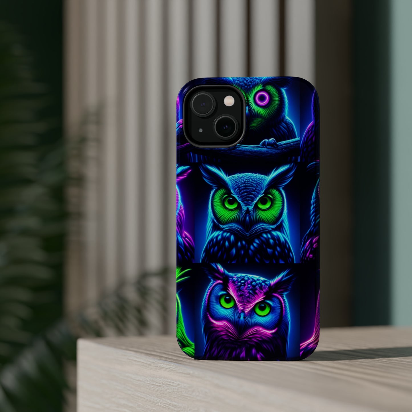 "Neon Nocturne" Neon Owls Premium Art Magsafe Magnet Tough IPhone 13 14 15 Pro Plus Max and Mini in Matte and Glossy Phone cases